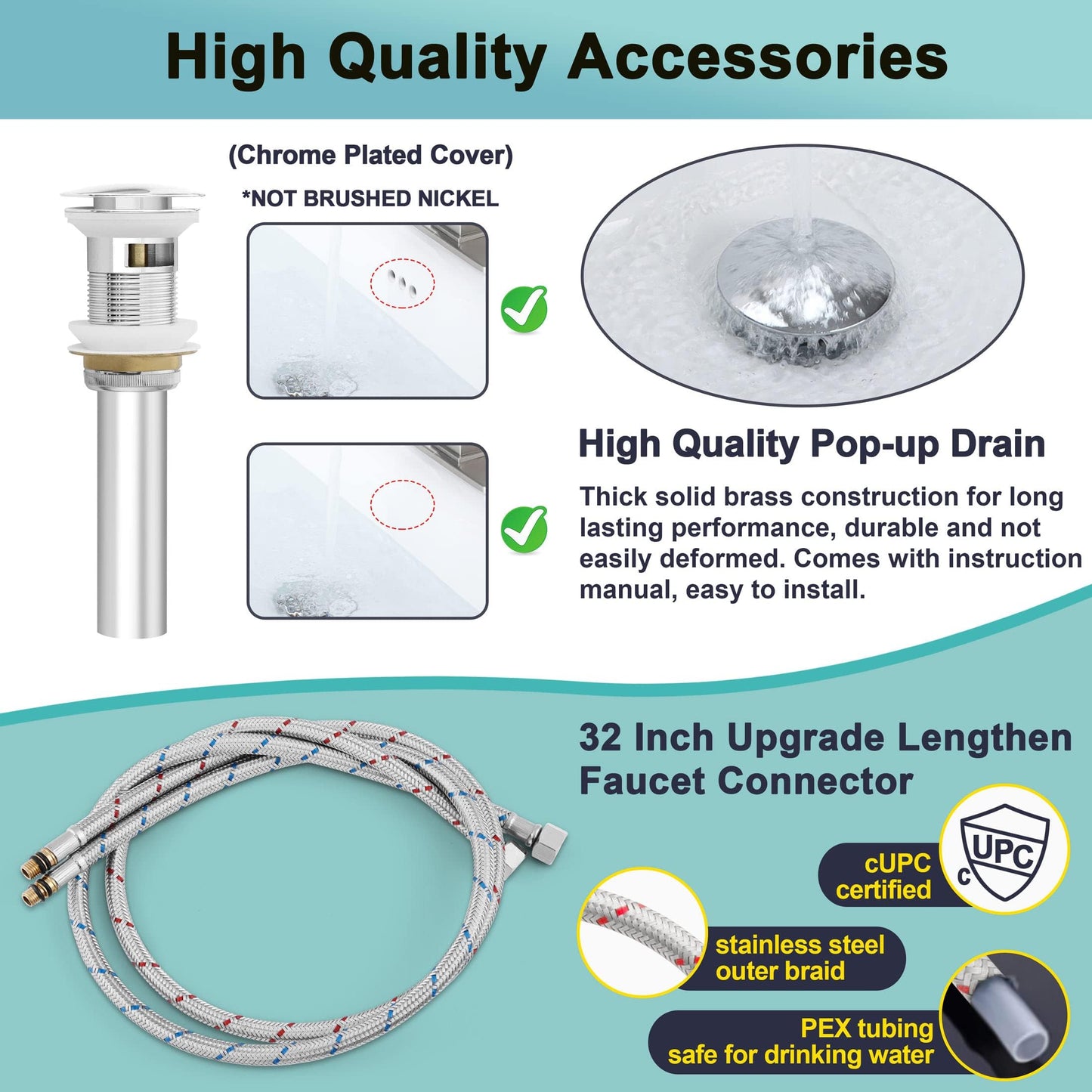 2 Pack Brushed Nickel Bathroom Faucet, Herogo Stainless Steel Bathroom Sink Faucets with Brass Pop-up Sink Drain Stopper & Deck Plate 1 or 3 Hole, Single Handle RV Lavatory Faucet with 2 Water Hoses