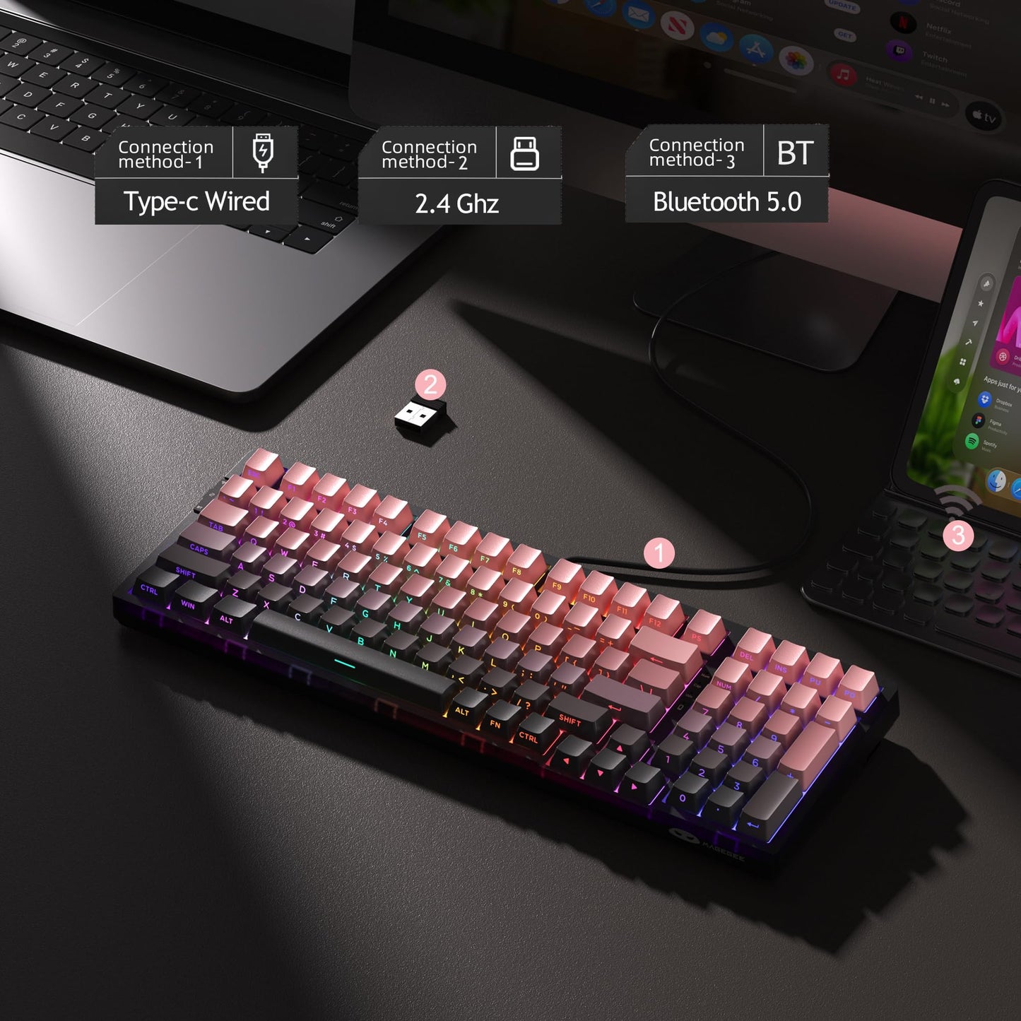 MageGee LIGHT100 Wireless Creamy Keyboard, 96% Gasket Hot Swappable Mechanical Keyboard, 2.4G/USB-C/BT5.0 RGB Backlit Gaming Keyboard for Win/Mac/PC, 8000mAh Battery, Side Printed PBT Keycaps, Pink