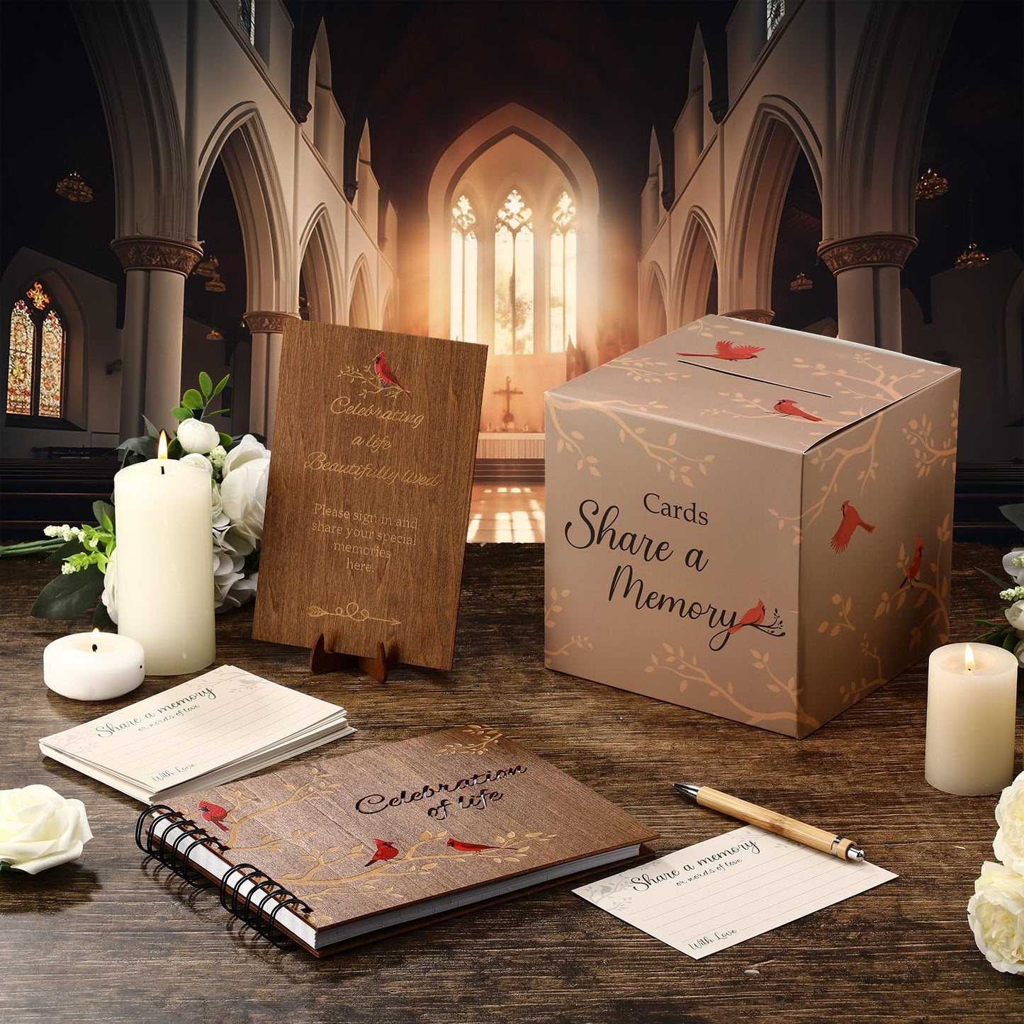 Engrowtic 64 Pcs Funeral Guest Book Set for Memorial Service Celebration of Life Wooden Guest Book in Loving Memory with 60 Share a Memory Card, Cards Box, Table Sign and Pen(Wood,Cardinal)