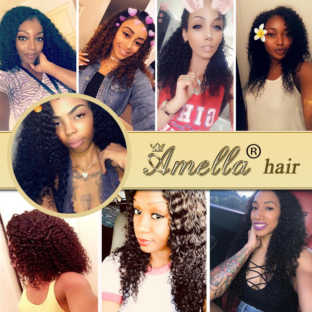 Amella Hair 8A Brazilian Curly Hair Weave 3 Bundles 14 16 18 inch 285g Brazilian Virgin Kinky Curly Human Hair Weave 100% Unprocessed Hair Weft Extensions Natural Black Color