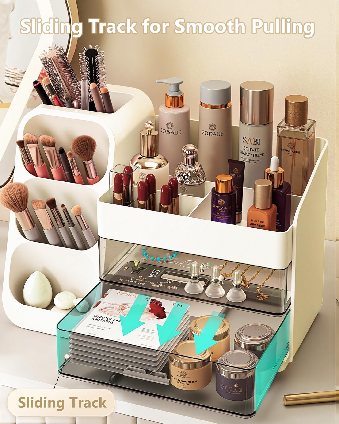Anylady Makeup Organizer with Drawers, Skincare Organizer (Large Size Thick), Storage Box Cosmetic Display Cases, Make up Organizers for Vanity, Dresser, Desk, Kitchen, Countertop (cream)