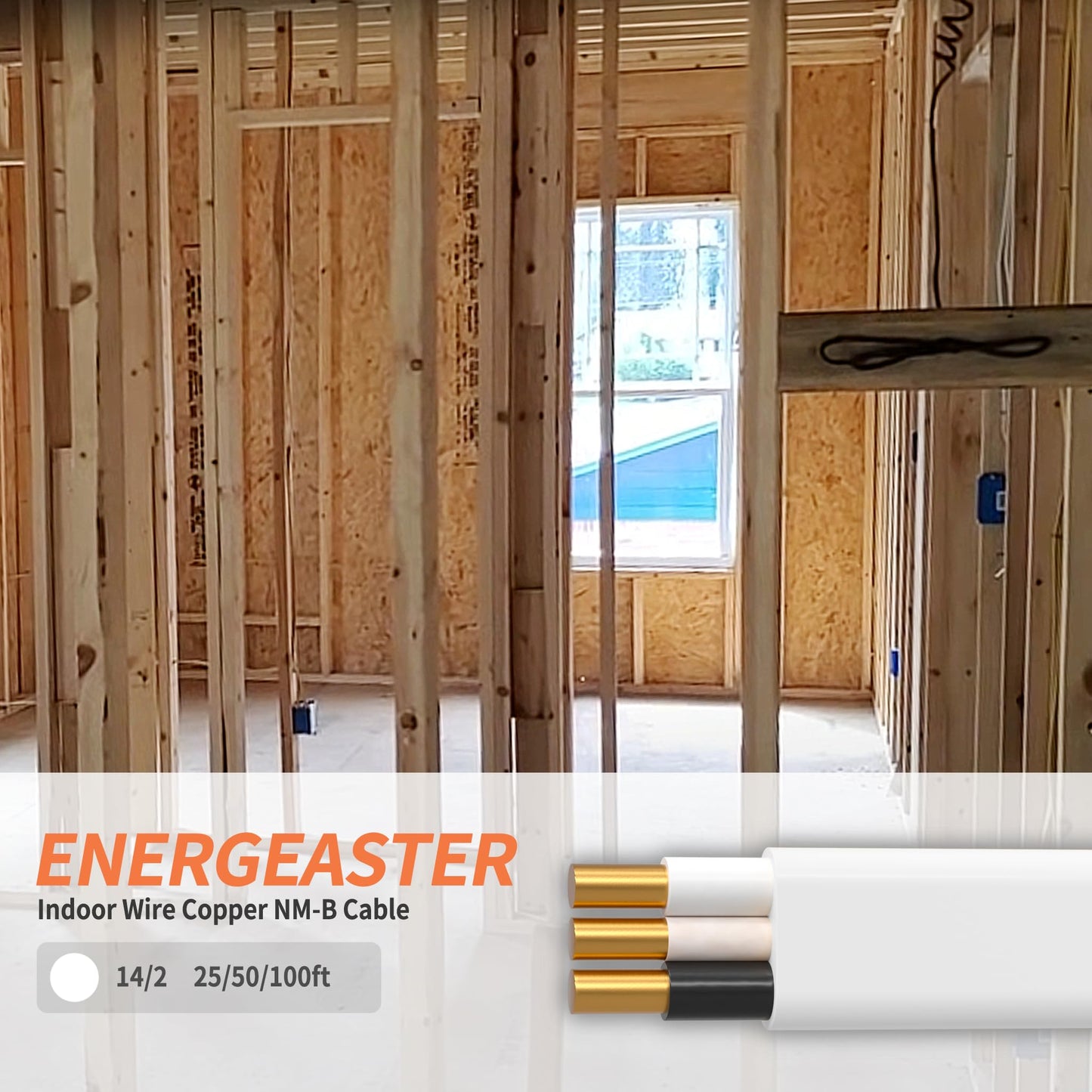 Energeaster Solid Indoor 14/2 W/G NMB Cable 100ft Coil,Electrical Wire 14 Gauge Wire 2 Conductors Non-Metallic with Ground Wire(White)