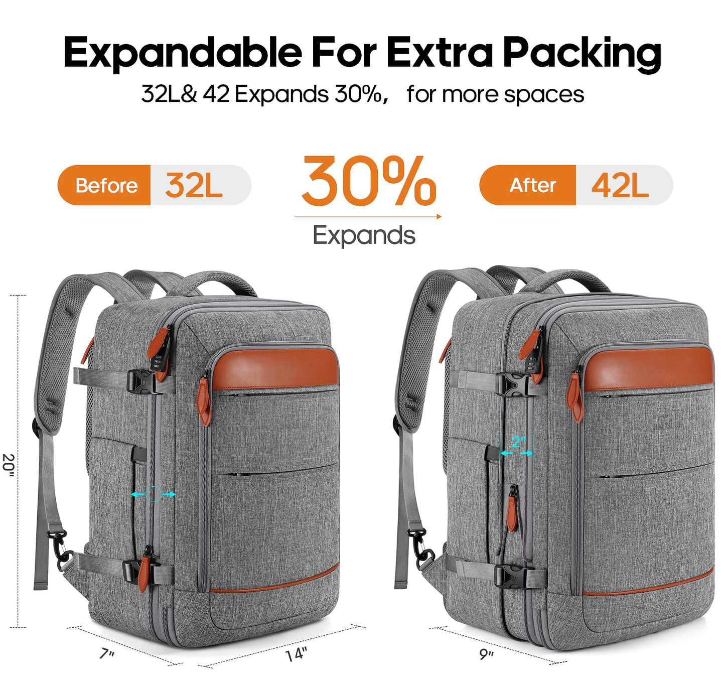 Bagsure Travel Backpack, 42L Carry on Luggage, Flight Approved Expandable Backpack, Laptop Backpack, Hidden Shoulder Straps Weekender Bags for Women Men, Suitcase with Packing Cubes and Shoe Pocket