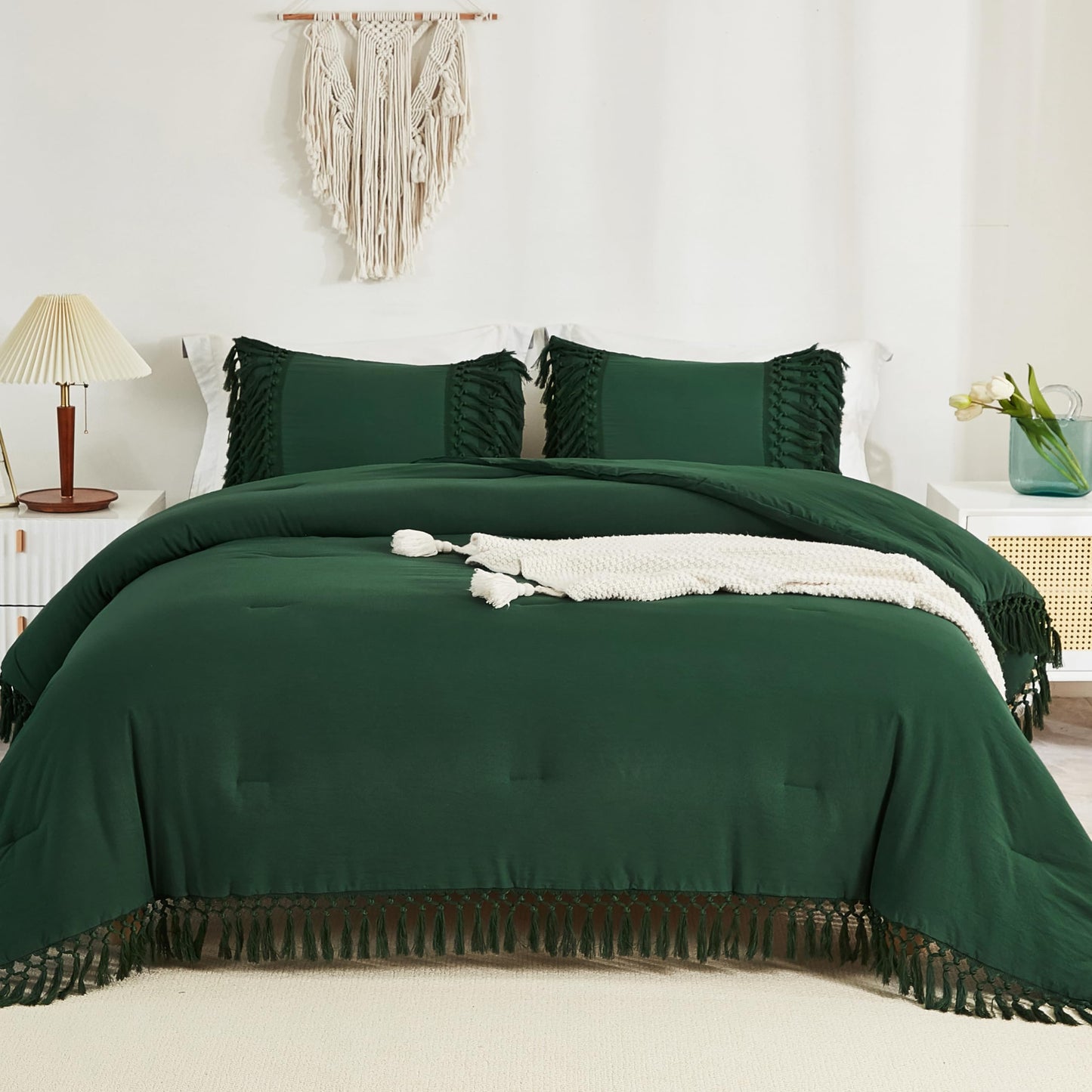 Andency Emerald Comforter Set California King, 3 Pieces Boho Tassel Lightweight Soft Bedding Comforter Sets for King Bed, All Season Fluffy Fringe Bed Set (104x96In Comforter & 2 Pillowcases)