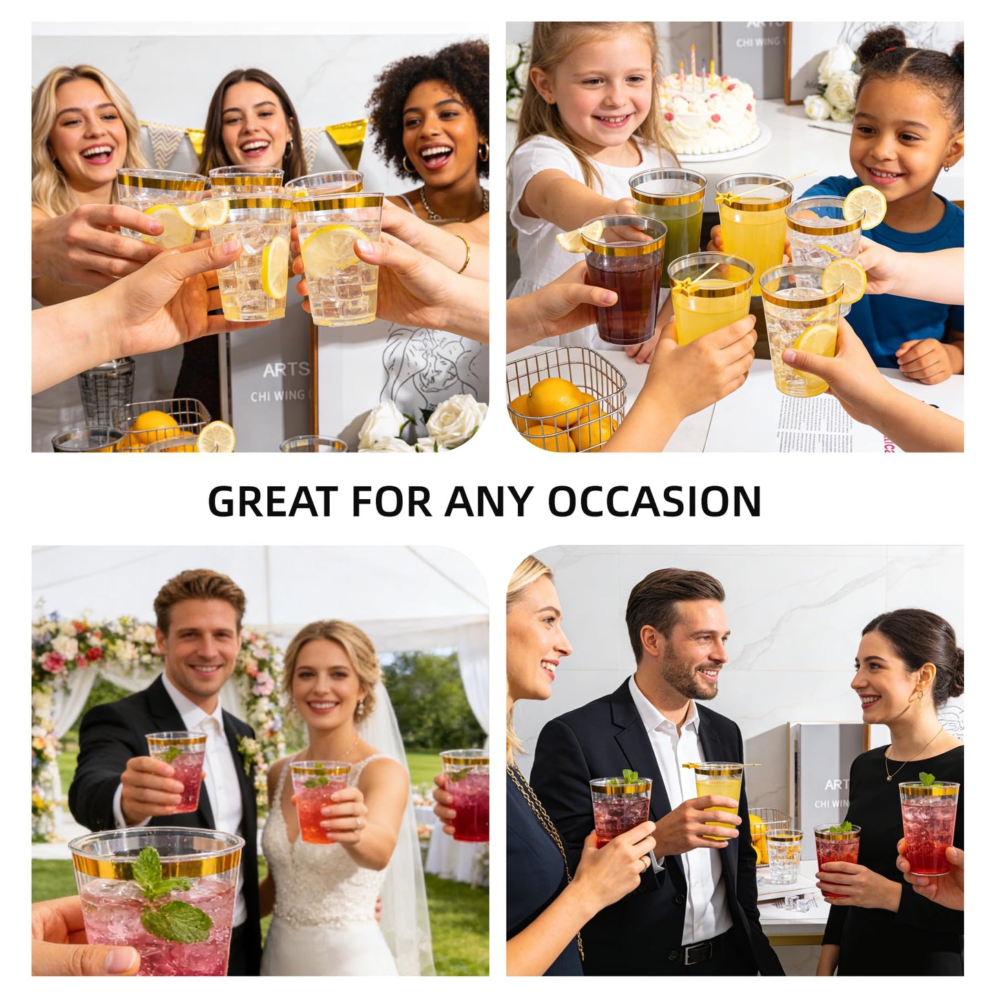 Ciselure 200 Pack Gold Plastic Cups, 12 Oz Clear Disposable Cups with Gold Rim, Heavy Duty Cups for Party, Wedding and Daily Use