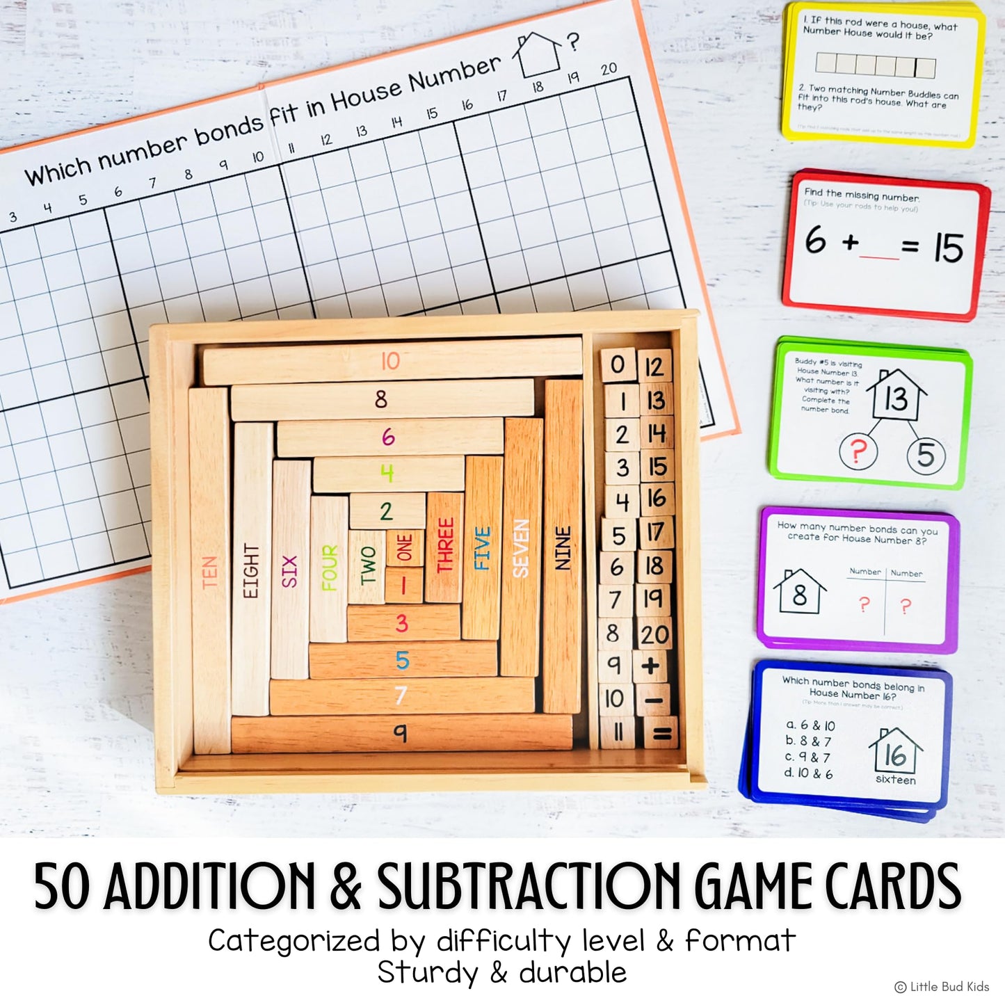 LITTLE BUD KIDS House of Number Buddies Math Game, a Number Bonds Math Toy with Number Rods and Addition & Subtraction Flash Cards, a Montessori Material for Kids 4-8 Years Old