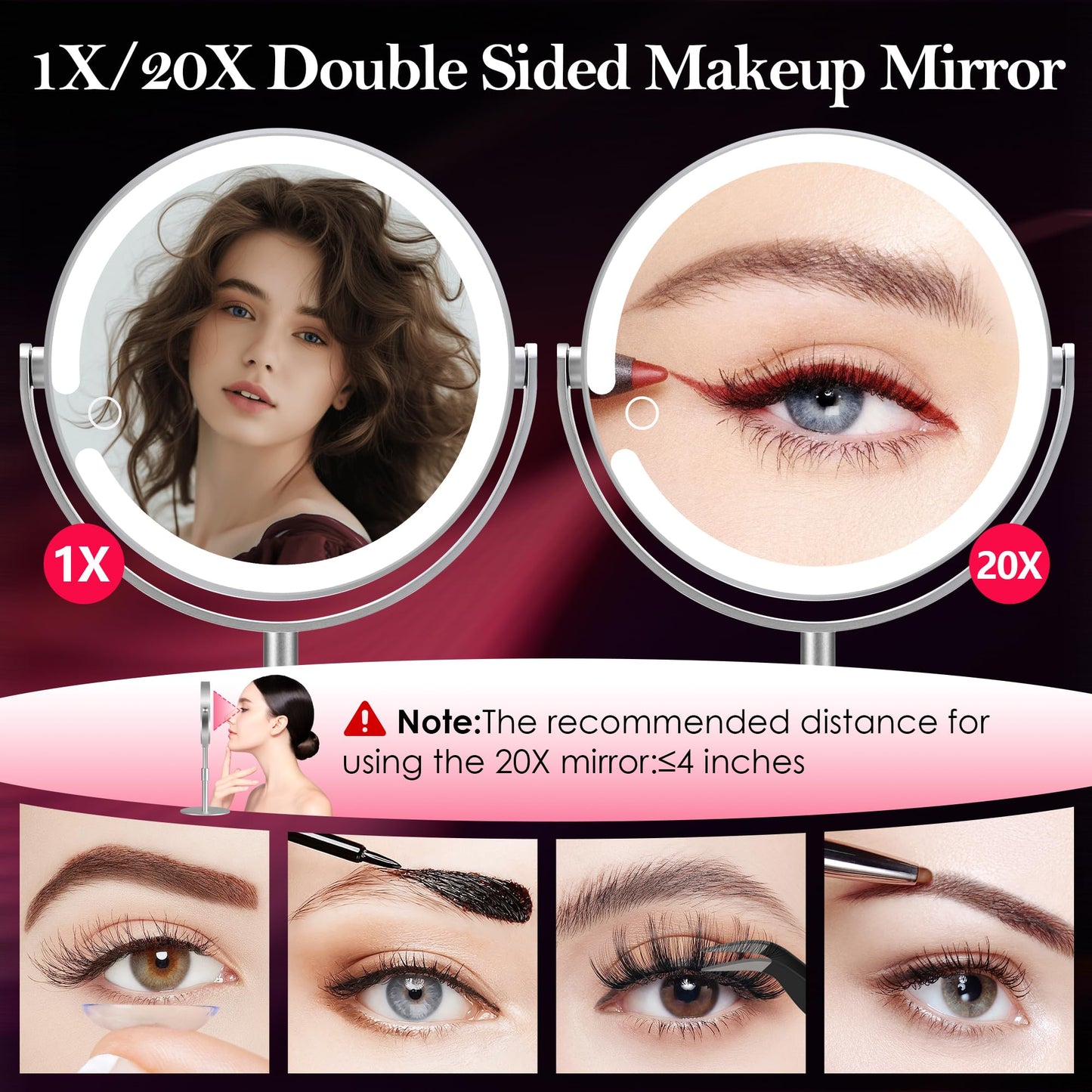 PEDOMIROR Magnifying Mirror with Light, Lighted Make Up Mirror 20x, Rechargeable 2000mAh Led Makeup Mirror, Height & Brightness Adjustable Desk Makeup Mirror, 360°Rotation & Touch Screen (Silvery)