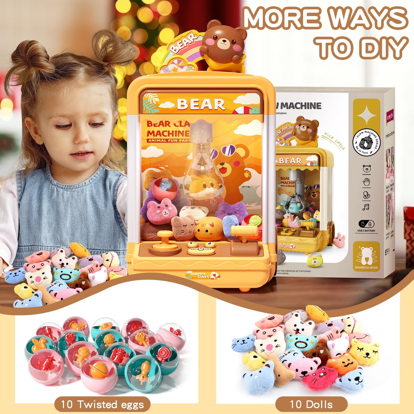 AIQI Bear Kids Claw Machine, Mini Candy Vending Grabber, Prize Dispenser Toys for Girls and Boys, Electronic Claw Game Machine for Party Birthdays with Lights Sound, Includes 10 Plush and 10 Mini Toys