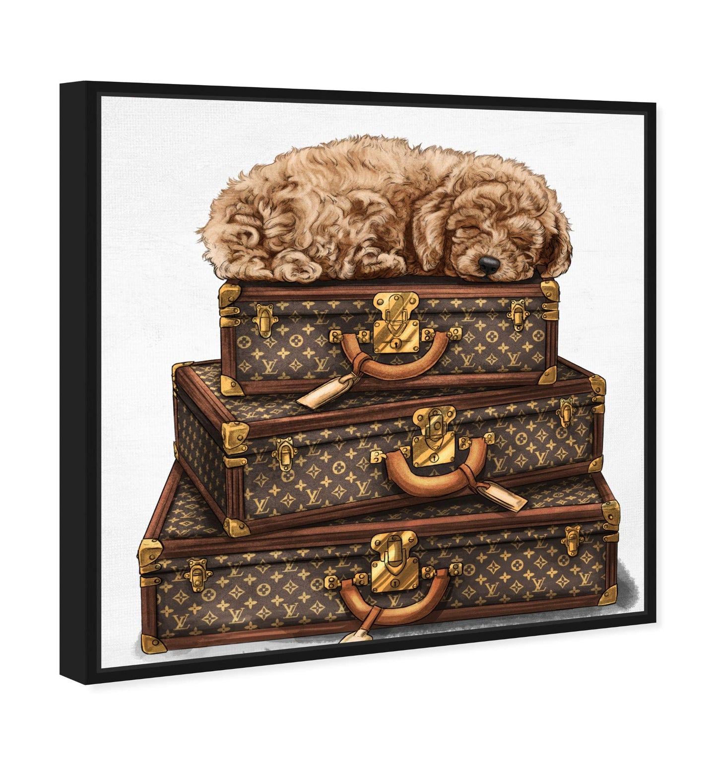 The Oliver Gal Artist Co. Fashion and Glam Framed Wall Art Canvas Prints 'Sleeping Poodle' Travel Essentials Home Décor, 12 in x 12 in, Brown, White