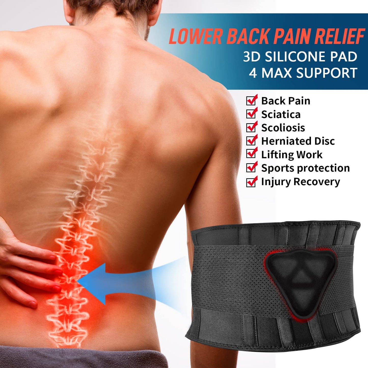 FEATOL Back Brace for Men Lower Back Pain Relief Lumbar Support Brace Waist Belt with Ergonomic 3D Silicone Pad for Heavy Lifting Work, Herniated Disc, Sciatica L/XL