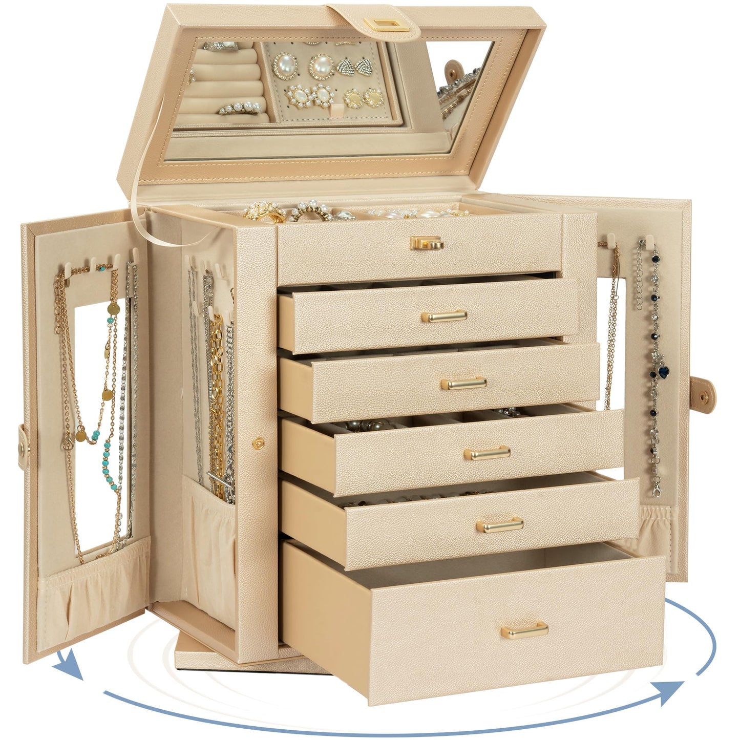 AKOZLIN Jewelry Box 360° Rotating 6-Tier Functional Jewelry Storage Case Organizer for Women Girls Ring Necklace Earring Bracelet Holder with Mirror