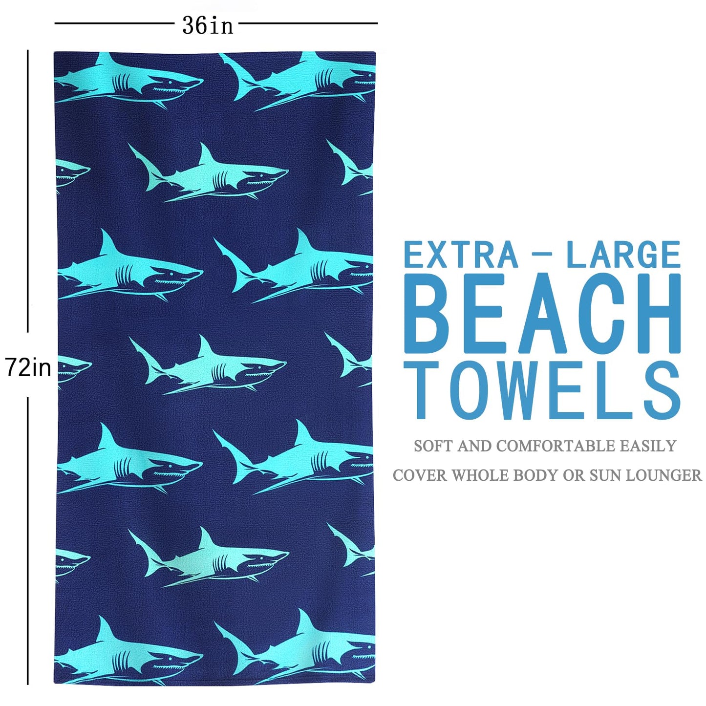 4 Packs Oversized Thin Beach Towel Set XL Extra Large Big 36 x 72 in Clearance Travel Towels Soft Swim Blanket for Adult Women Men Chair Cover Accessories Essentials Blue Shark Turtle Pink Flamingos