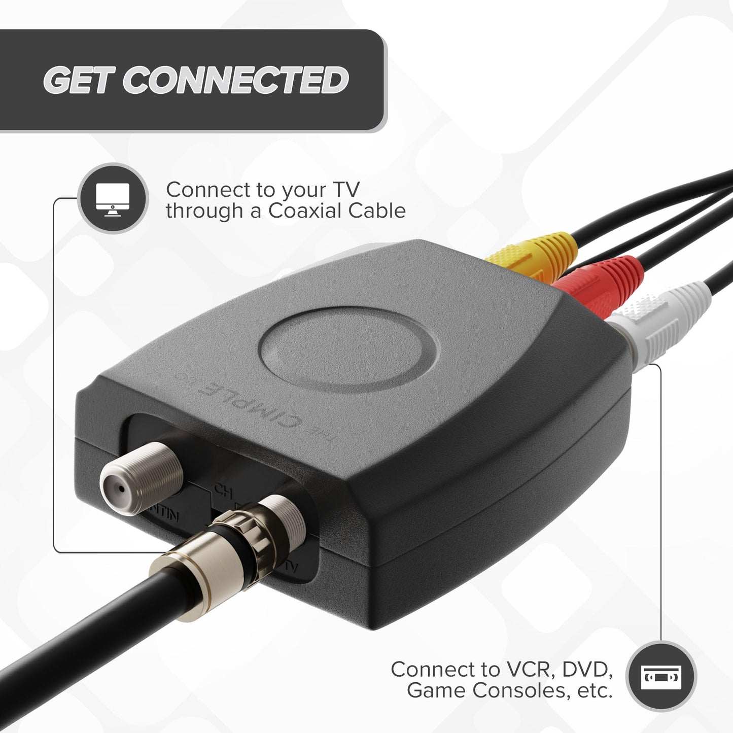THE CIMPLE CO - RF Modulator, RCA Composite to RF Coaxial Adapter, Converts Standard Definition Signals to Coax, Watch DVD, VHS, Game Consoles on TV, Includes A/V Cable