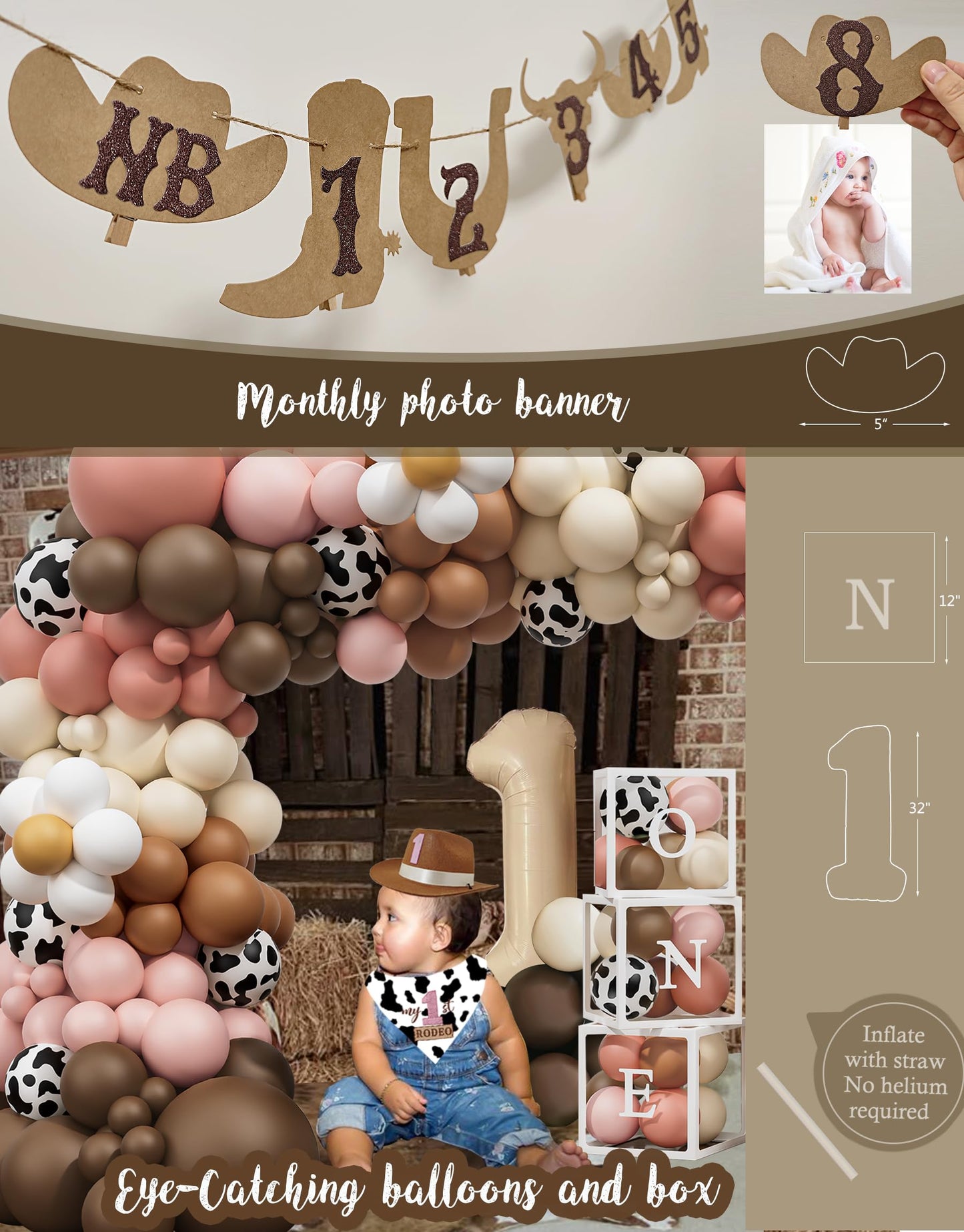 My 1st Rodeo Birthday Decorations Girl, Western Cowgirl First Birthday Party Supplies, Cowgirl Balloon Arch, Backdrop, High Chair Banner, ONE Box, Tablecloth for Girls 1 Year Old Party