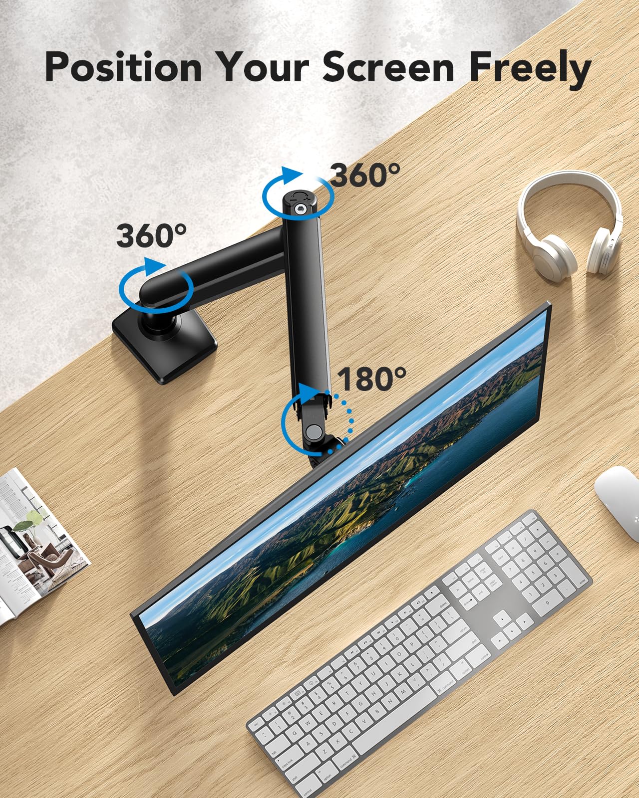 HUANUO Single Monitor Mount for 13-32 inch, Adjustable Gas Spring Monitor Arm, 4.4-22lbs Screen, Monitor Stand with VESA Mount 75x75/100x100, C-Clamp/Grommet Base