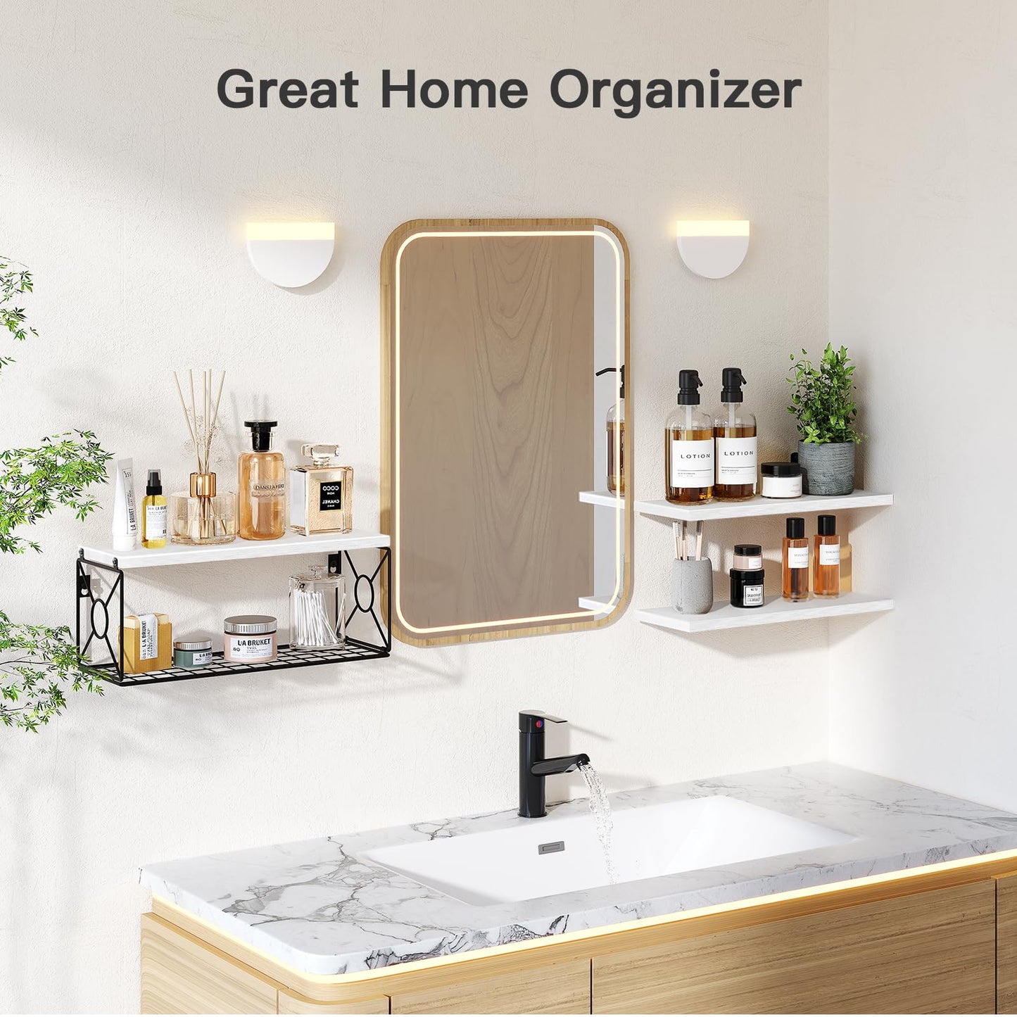 Amada Bathroom Shelves Over Toilet with Storage Basket, Floating Wall Shelf for Home Organization & Wall Decor, Bathroom/Kitchen/Living Room Shelves–White