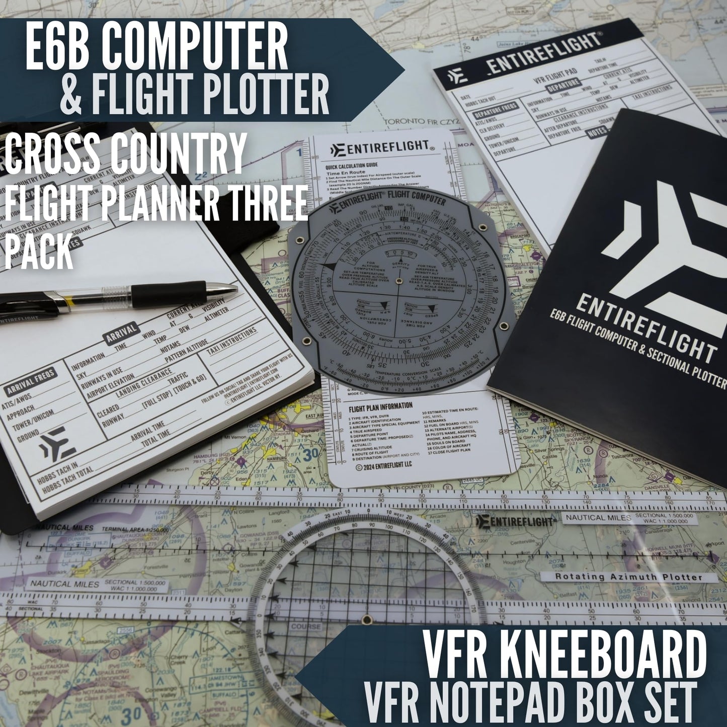 Aviation Pilot Kneeboard - E6b Flight Computer Plus Plotter & Cross Country Planning Notepad, Student Pilot Bundle