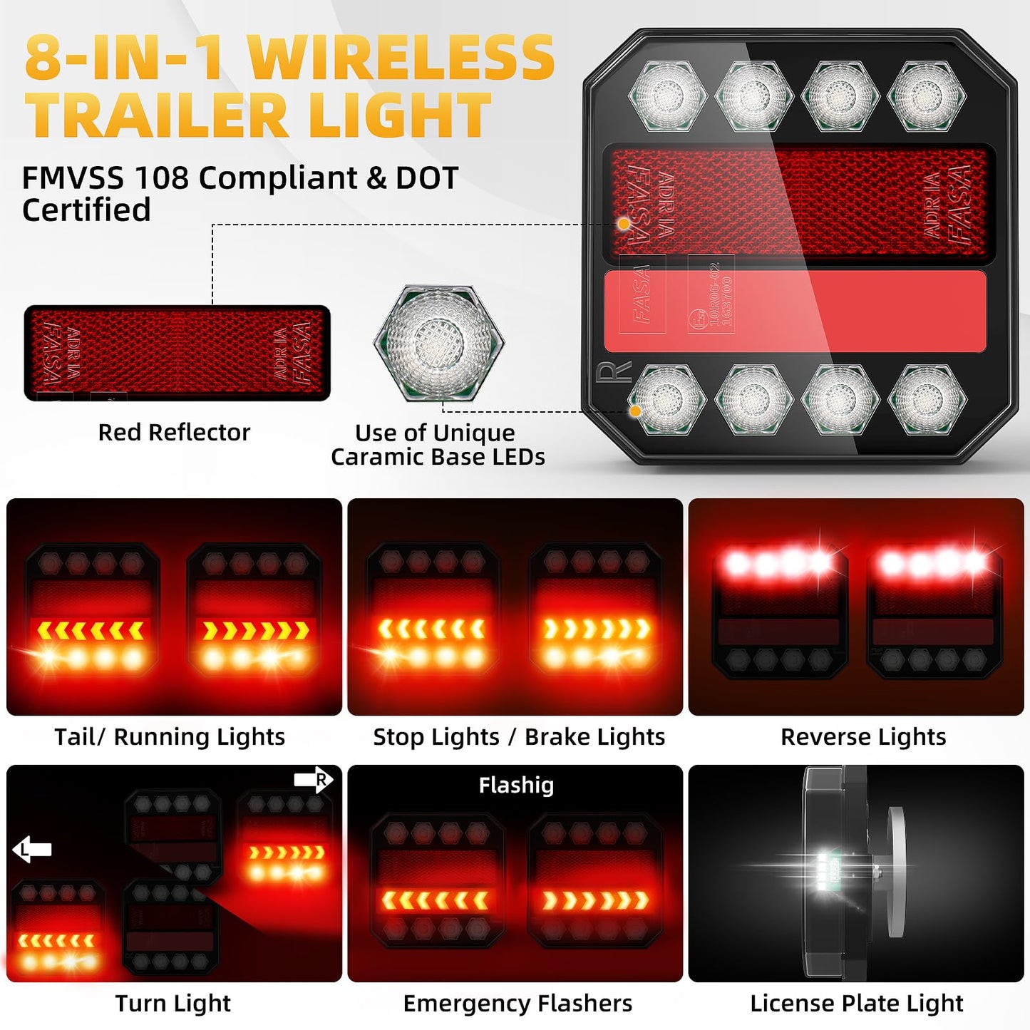 TLKTL Wireless Trailer Lights Magnetic, Rechargeable Tow Light LED Kit with Retro-reflectors, Wireless Tail Lights for Trailer, Trucks, Boat, RV, Vehicle, Caravan, IP65 Waterproof