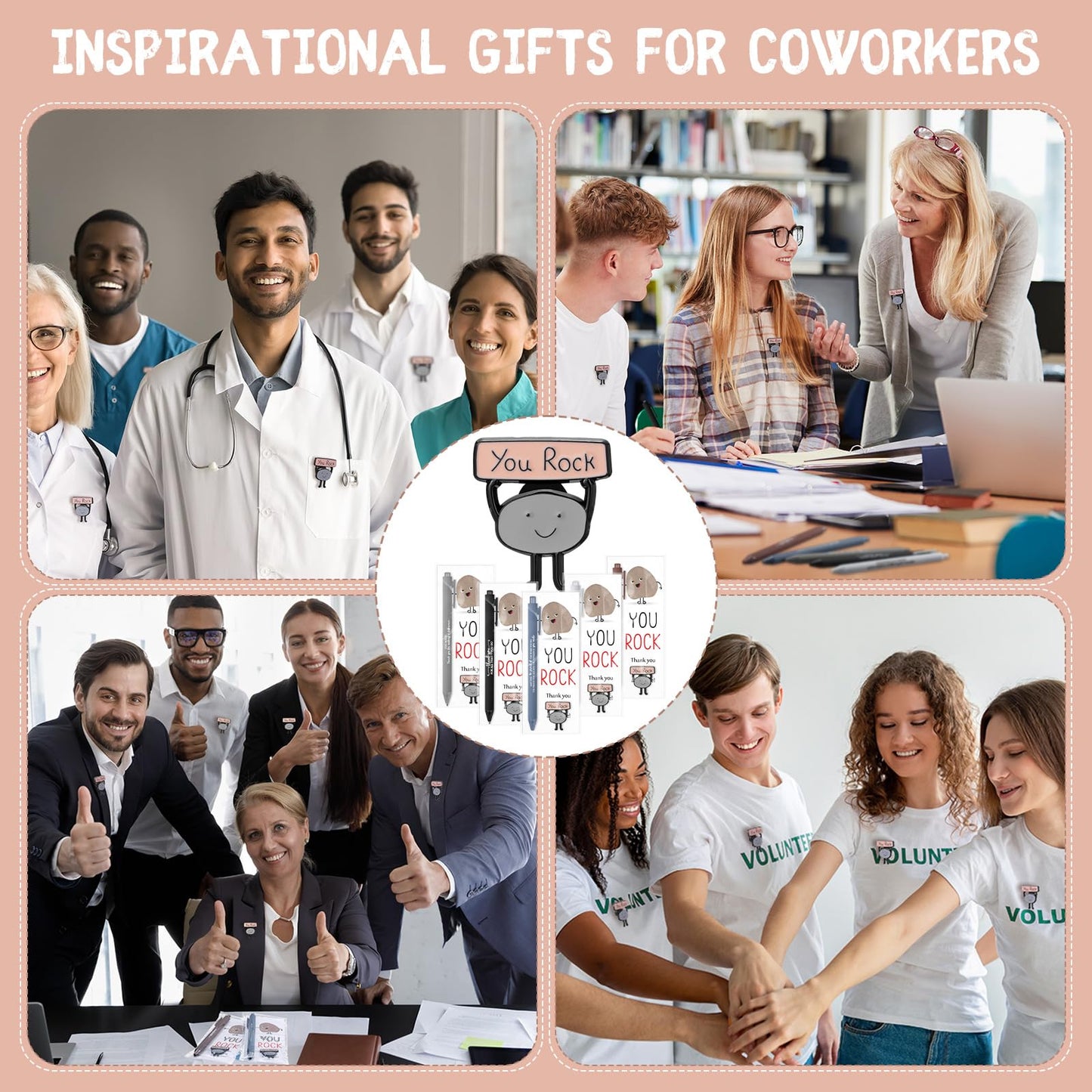 Sayglossy 36 Sets You Rock Office Funny Gift Motivational Employee Appreciation Gifts Bulk Ballpoint Pens Inspirational Cards Brooch Pin Organza Bags Inspirational Gift for Coworker Staff Volunteer