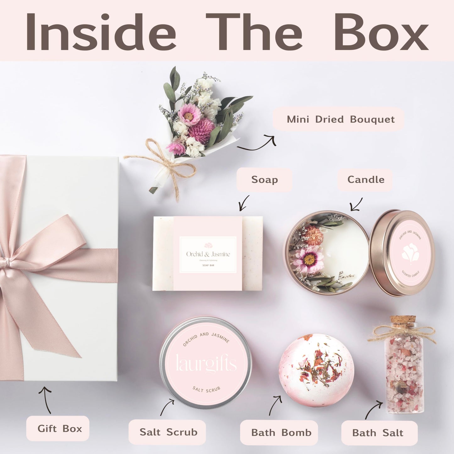 LaurGifts Orchid & Jasmine Spa Gift Set for Women – Luxurious Valentine's Day Spa Gift Baskets for Women – Perfect Birthday Gifts for Women, Gifts for Mom, Wife, Sister, Friend, Bath Gifts for Women