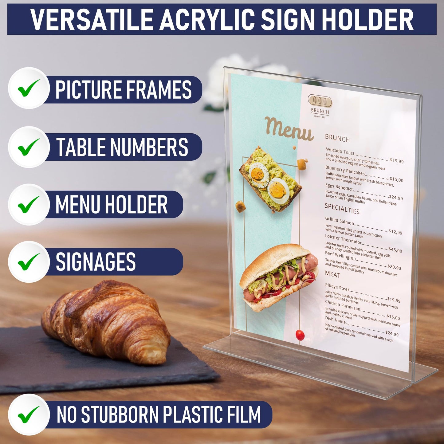 Acrylic Sign Holder 8.5 x 11, T-Shape Double-Sided Acrylic Table Stand with Wide Base, Plastic Tabletop Holder, Menu and Paper Display for Tables, Ideal for Offices, Restaurants, and Events (6 Pack)