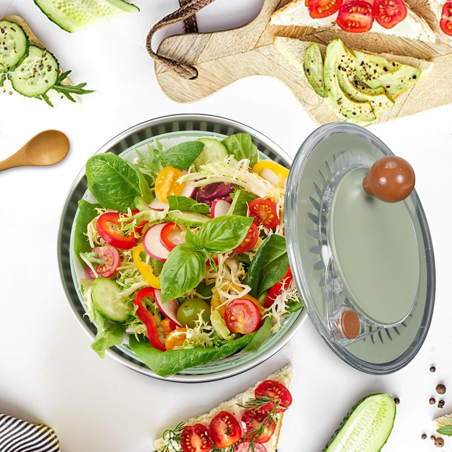 KITHELP Stainless Steel Salad Spinner Large, Vegetables Fruits Wash Bowl with Strainer, Lettuce Spinner Dryer with 5 Blades Slicer, Egg Yolk Strainer, Shredder for Efficient Salad Preparation 5.3Qt