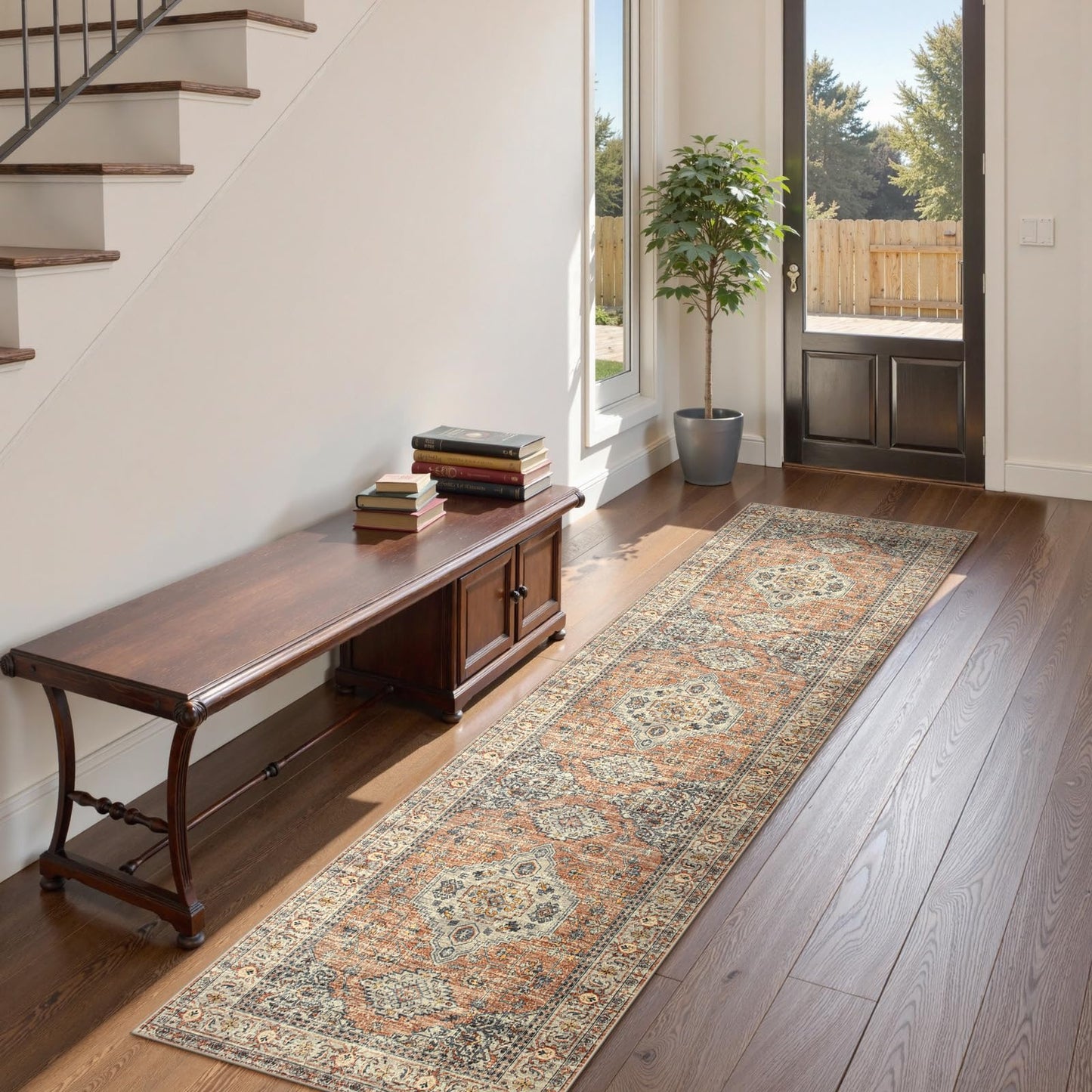 Lahome Oriental Kitchen Runners for Hallways, 2.5x10 Washable Runner Rug Non Slip, Soft Hallway Rug Distressed Ultra-Thin Long Carpet for Bathroom Entryway Bedroom, Peach/Orange