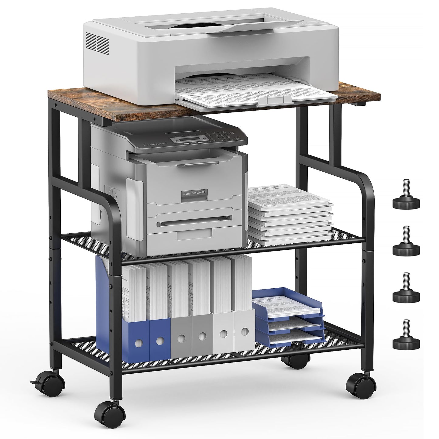 Alexayhome Printer Cart with Wheels, Printer Stand with Storage, Printer Table for Home Office, 3 Tier Cart with Adjustable Shelf, Supports Up to 100 Lbs, for Print, Heat Press, Scanner & Fax