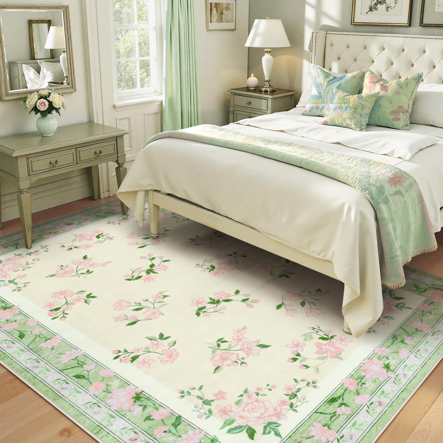 LIVEBOX Machine Washable Rug 5 x 7 Green Rugs for Living Room, Non Slip Vintsge Boho Bedroom Rug, Low-Pile Print Distressed Floral Carpet for Bedroom Home Office, Dining Room
