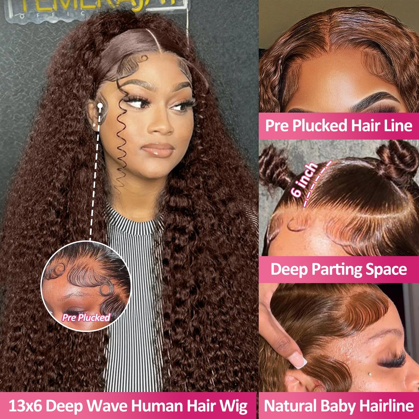 MXTQO 30 Inch Chocolate Brown Deep Wave Lace Front Wigs Human Hair 200 Density 13x6 HD Lace Frontal Wigs Curly Human Hair Brown Glueless Wig For Women Pre Plucked with Natural Hairline