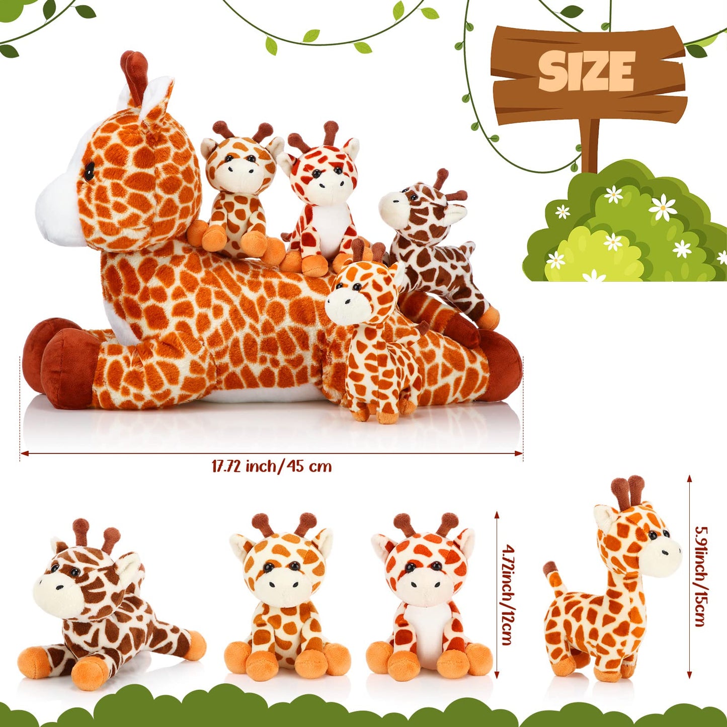 Honoson 5 Pcs Giraffe Stuffed Animals Set 18'' Large Mommy Giraffe Plush with 4 Cute Baby Zippered Tummy Soft Gift for Boy Girl Birthday Easter Favor Forest Party(Grovel)