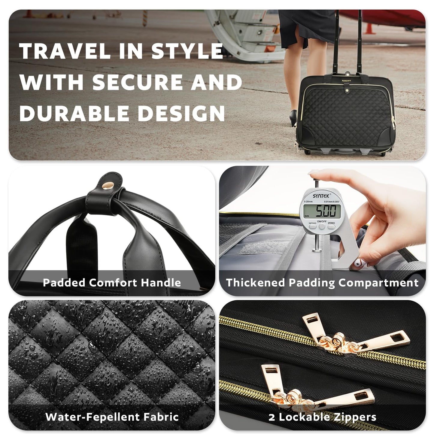 Arcoyard Rolling Laptop Bag Women, Rolling Briefcase for Women with Waterproof Pocket, 17.3 Inch Computer Bag, Underseat Carry On Luggage with Wheels for Work Travel Business, Lightweight Black