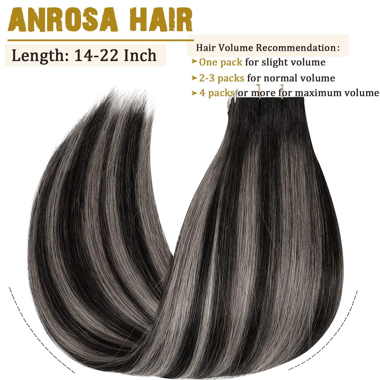 Anrosa Tape in Hair Extensions Human Hair Remy Real Human Hair Extensions Tape in Silky Natural Hair Extensions Human Hair 16 Inch Natural Black to Silver Grey with Natural Black Rooted 50G 20PCS