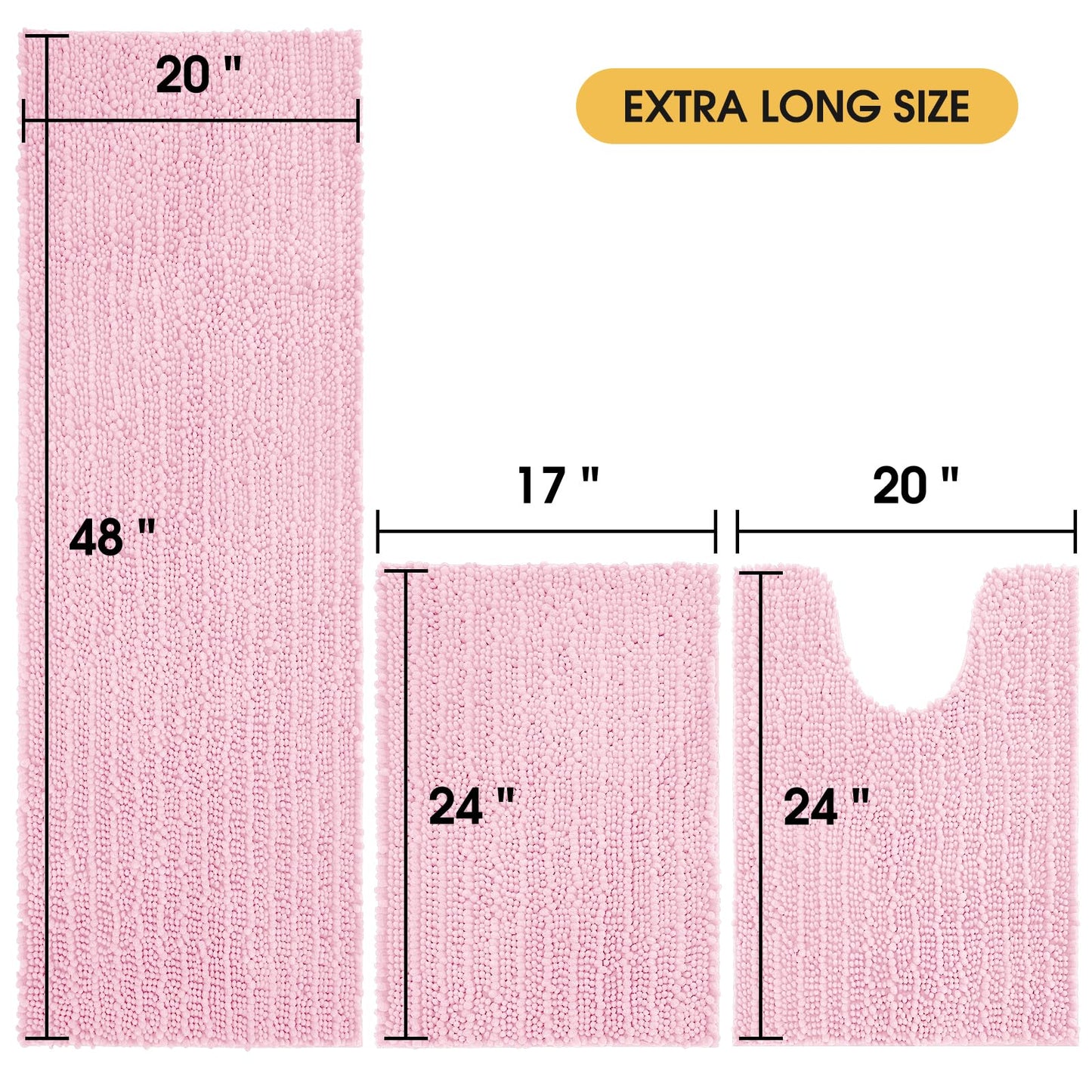 ACCUMTEK Upgrade Extra Large Pink Bathroom Rug Set 3 Pieces Ultra Soft, Thick Absorbent Bath Mats, Non Slip Chenille Toilet Mat for Bathroom, Bedroom, Kitchen