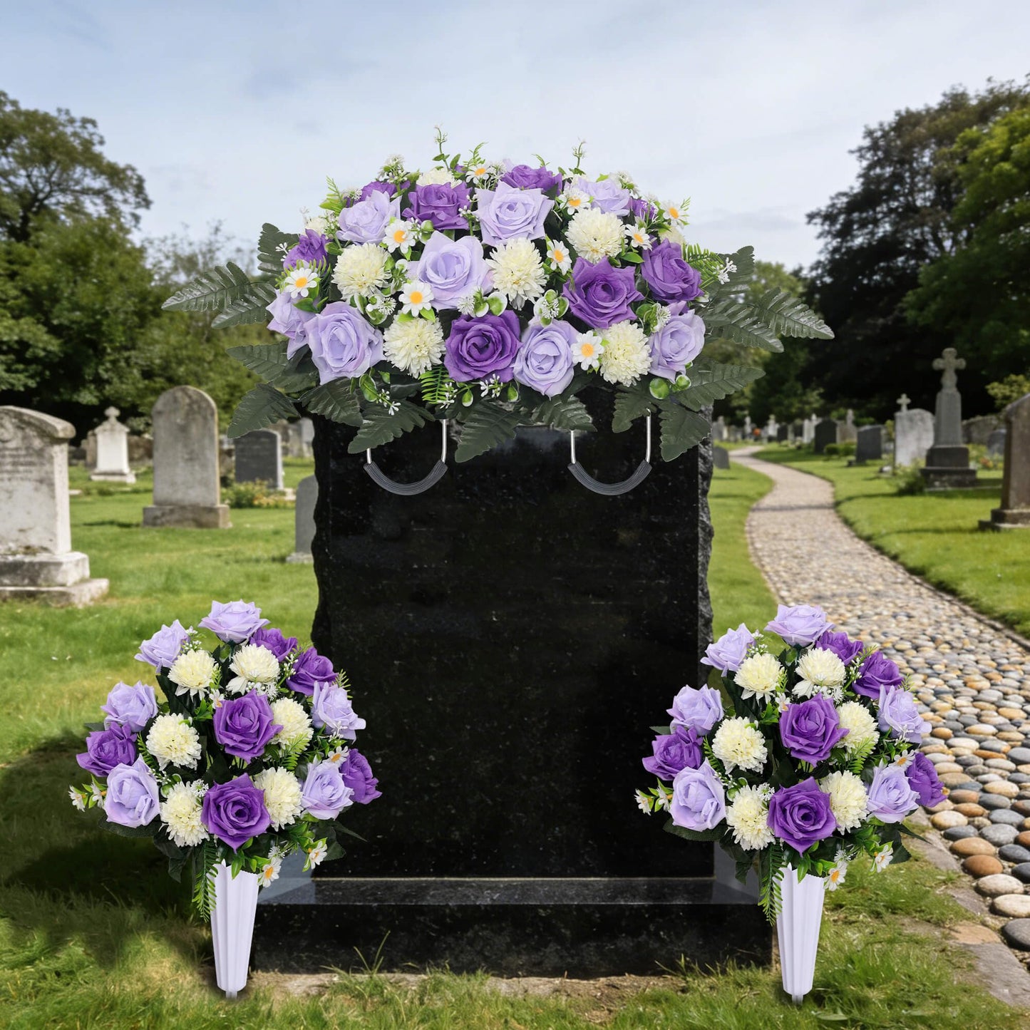 Lodou 3Pack Cemetery Decorations for Grave Large Headstone Flower Saddle Artificial Rose Bouquets with Vases for Outdoor Grave Headstone Decorations(Purple)