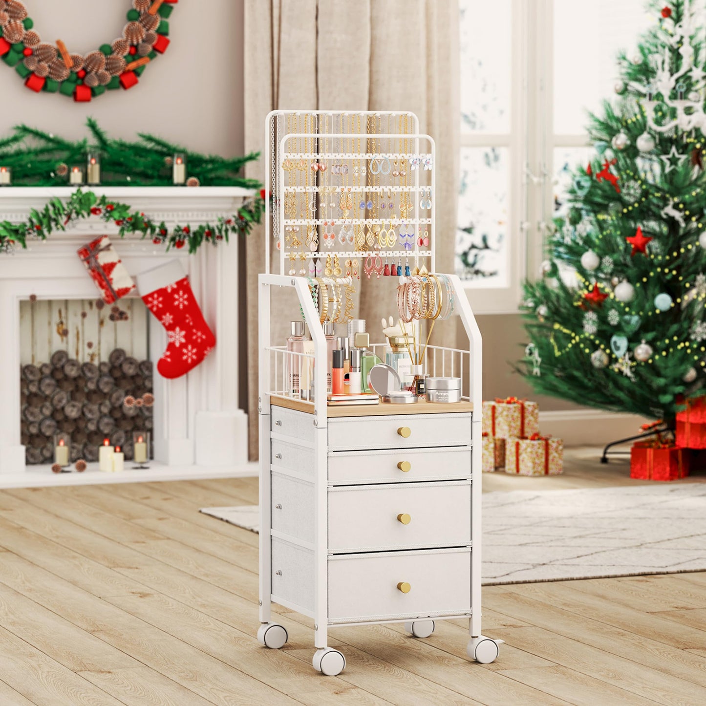 SWTYMIKI Jewelry Organizers and Storage- Multifunctional Stand Jewelry Organizer Cabinet for Necklace, Earring, Ring & Bracelet - Jewelry Box Necklace Holder with 4 Nonwoven Drawers & Wheel White