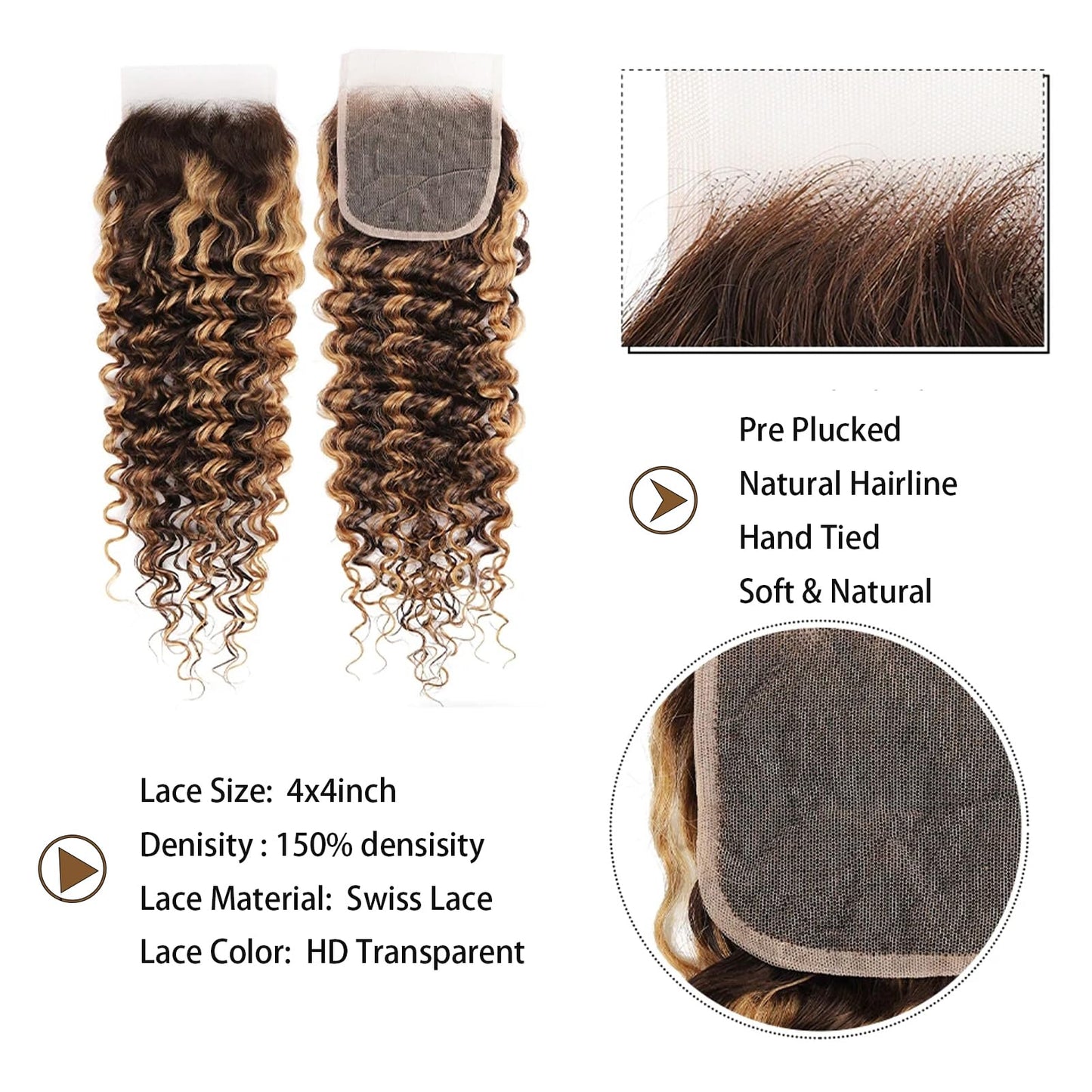 Highlight Bundles Human Hair with Closure, 10a Brazilian Deep Wave Human Hair 4 Bundles with 4x4 Closure 4/27 Color Ombre Bundles Human Hair (Highlight Deep Wave 16 18 20 22+16inch)