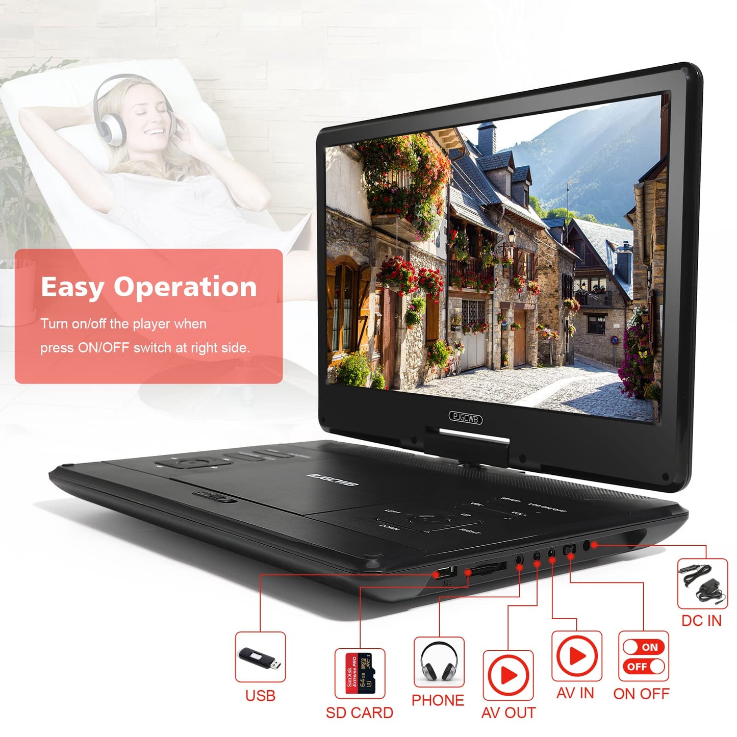 16.9" Portable DVD Player with 14.1" Large HD Screen,High Volume Speaker,4-6 Hours Built-in Rechargeable Battery,Support USB/SD Card/Sync TV and Multiple Disc Formats,Region Free,Remote Control,Black