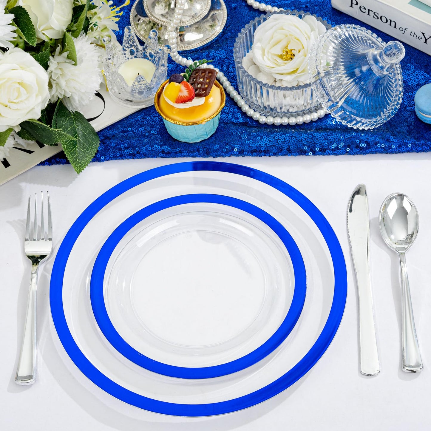 U-QE 120pcs Blue Plastic Plates for Party - Clear and Blue Disposable Plates Heavy Duty - Includes 60 10" Dinner & 60 7" Dessert Plates for Party, Birthday & Wedding