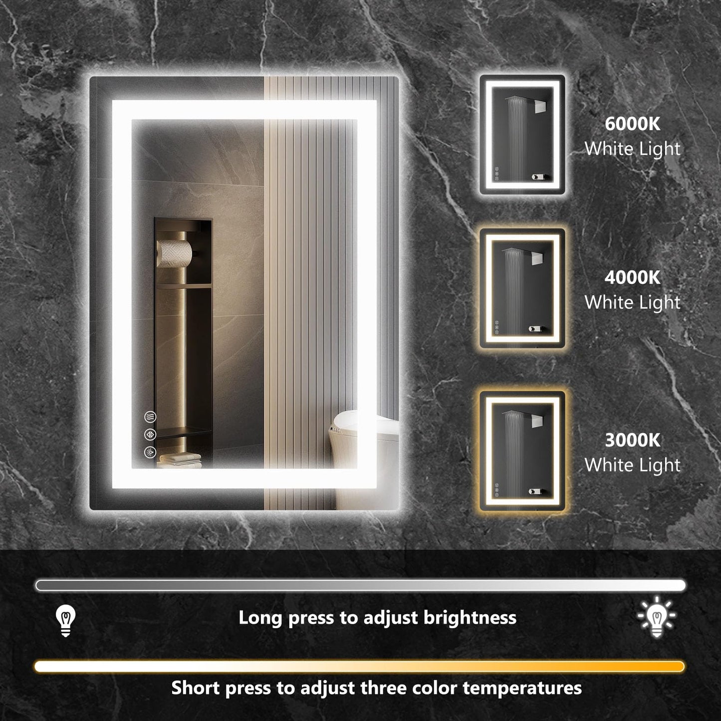 Sweetcrispy 24"x 32" Smart Anti-Fog LED Bathroom Mirror with Lights and Front Light & Backlit, 3 Color Temperatures, Dimmable, Memory Function, Rectangle Modern Vanity Mirror