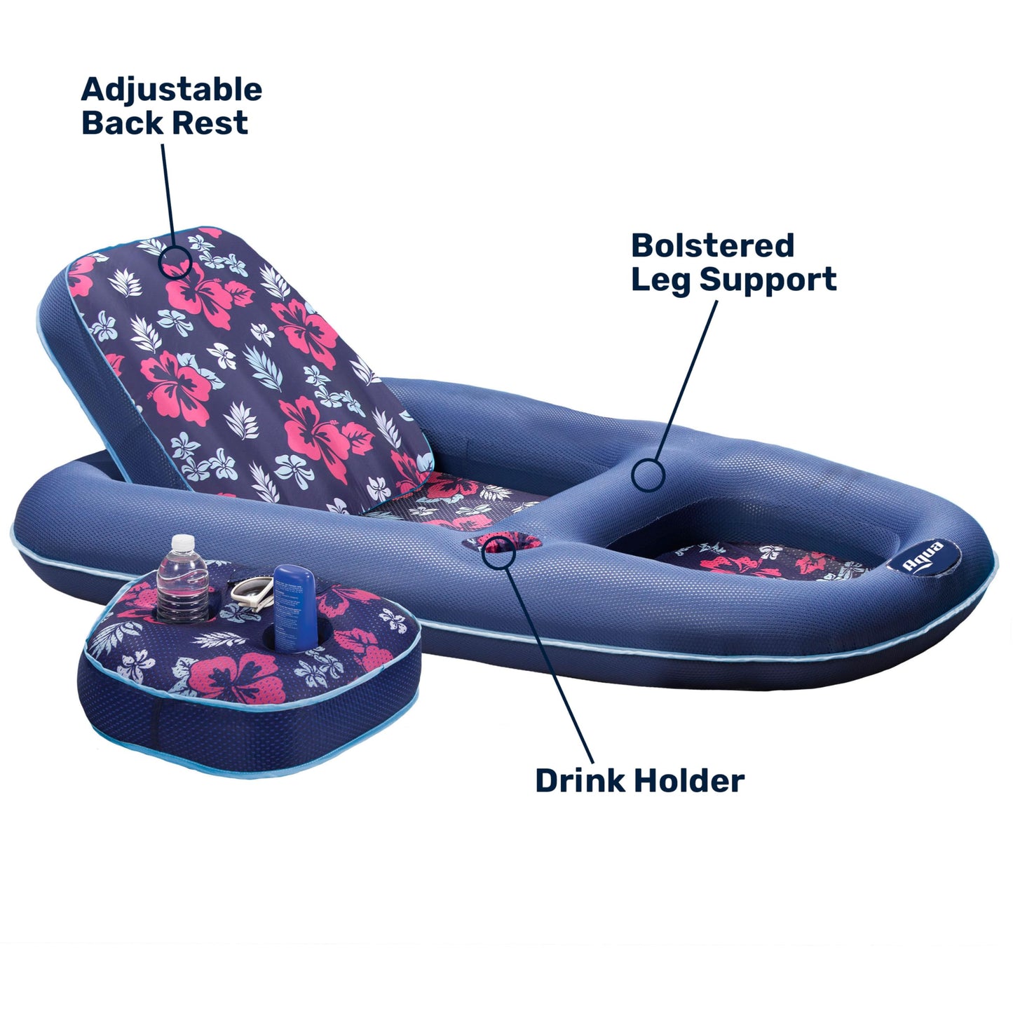 Aqua Campania Ultimate 2-in-1 Pool Float Lounge – Extra Large – Inflatable Pool Floats for Adults with Adjustable Backrest & Cupholder Caddy – Navy Hibiscus