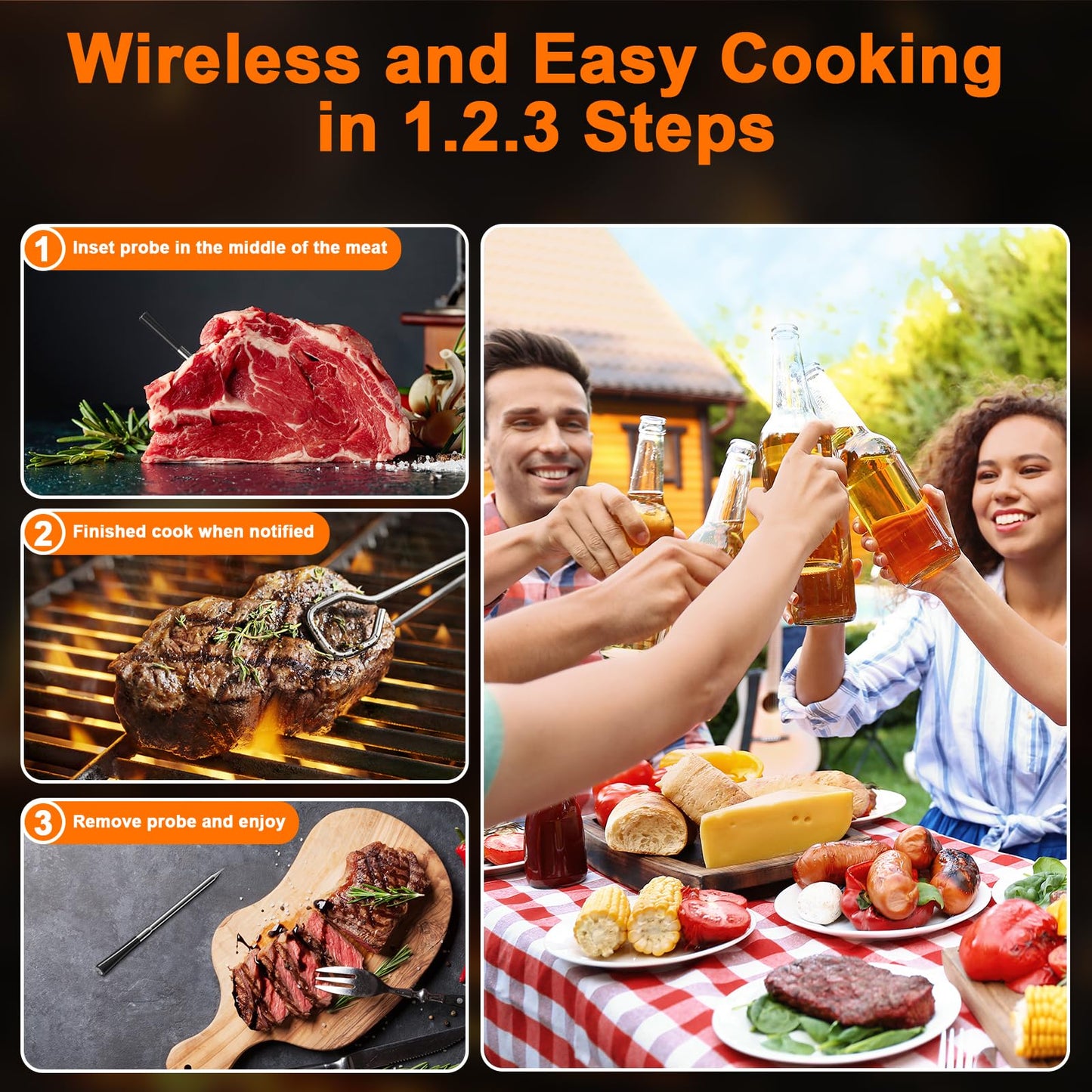 700FT Wireless Meat Thermometer with LCD Screen, Digital Cooking Food Thermometer for Beef Lamb Turkey, Dual Sensor Measures Internal & Ambient Temp