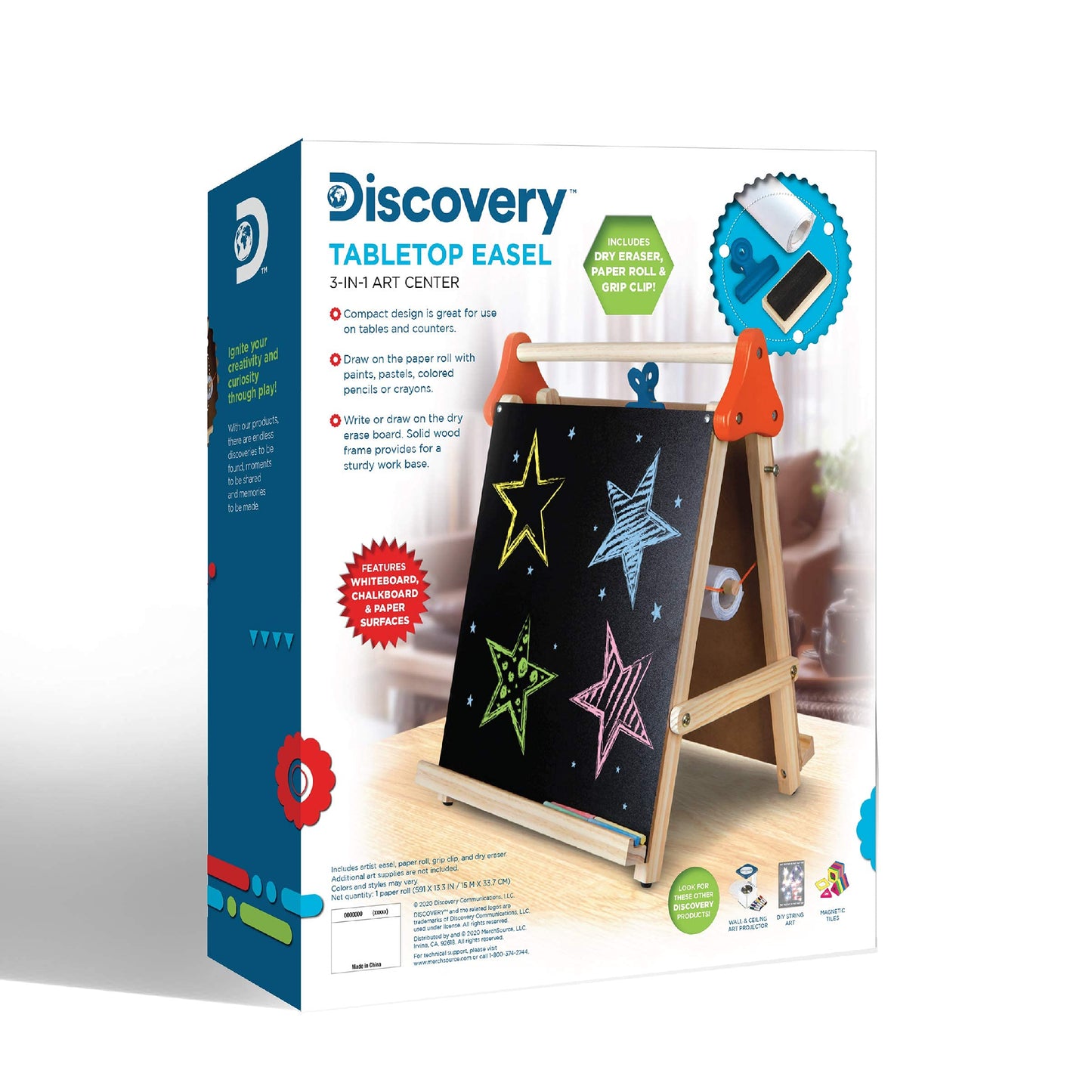 Discovery Kids 3-in-1 Tabletop Dry Erase Chalkboard Painting Art Easel, Includes Paper Roll and Oversized Clip, 17 x 15 Inch Wood Frame, Perfect for Children 3+ | Foldable/Portable for Countertop Play
