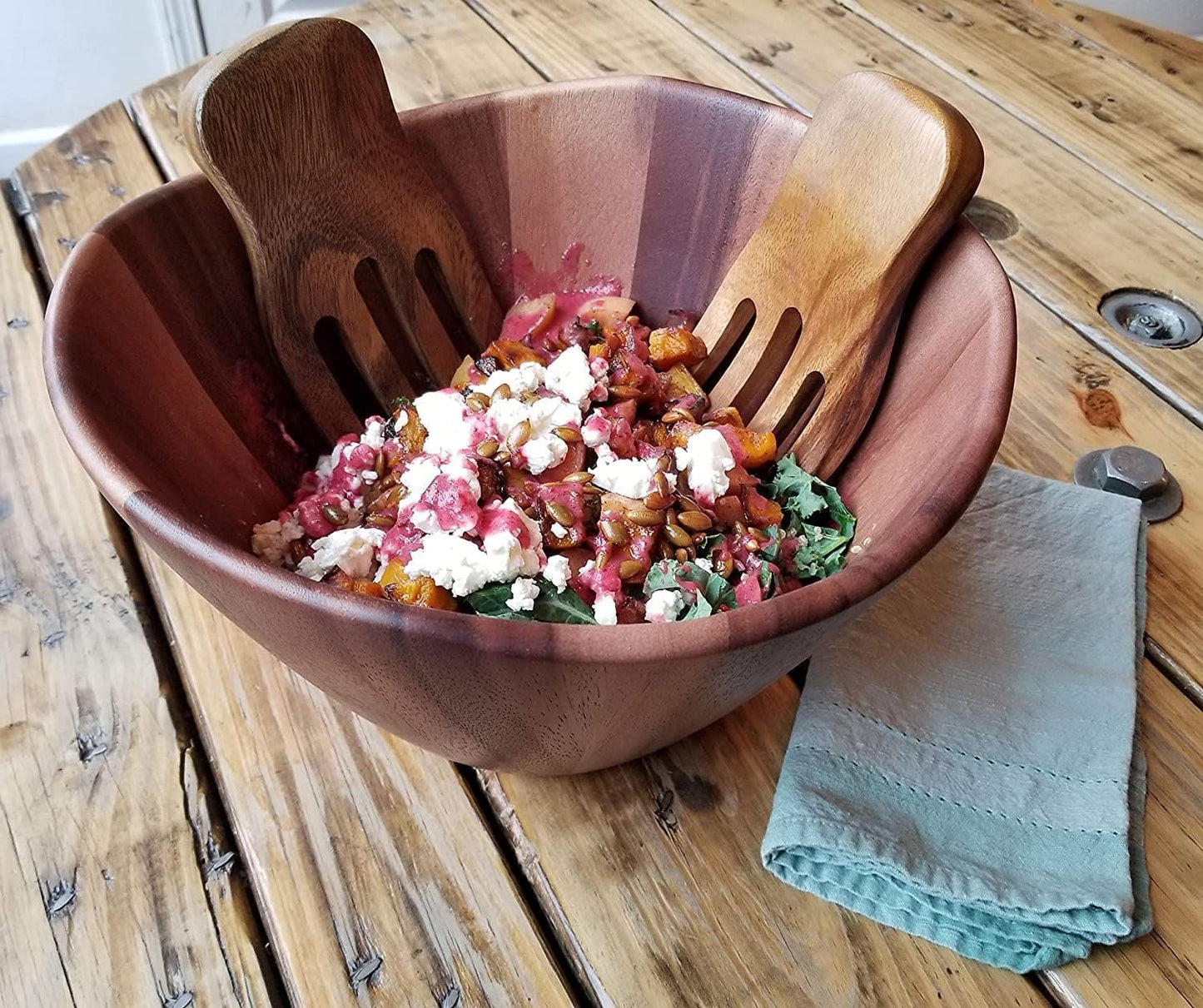 Acacia Wave Bowl with Salad Hands