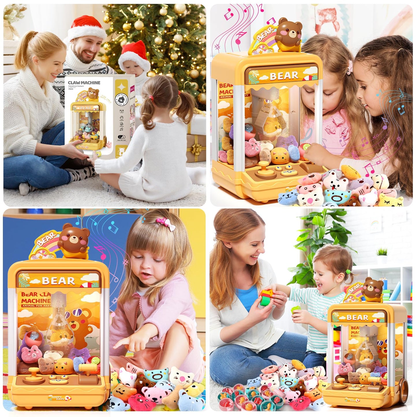 AIQI Bear Kids Claw Machine, Mini Candy Vending Grabber, Prize Dispenser Toys for Girls and Boys, Electronic Claw Game Machine for Party Birthdays with Lights Sound, Includes 10 Plush and 10 Mini Toys