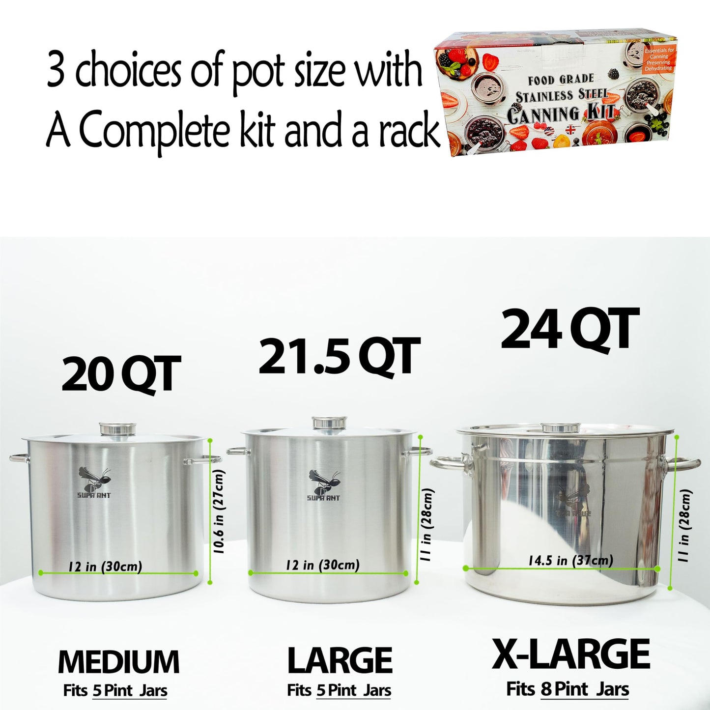 Food Grade 24 Qt. Stainless Steel Water Bath Canning Pot w/Canning Supplies Starter Kit for Beginners - Canning Rack, XL Ladle, Measuring Cups, Funnel,Tongs,Jar Lifter & Wrench,Lid Lifter by Supa Ant
