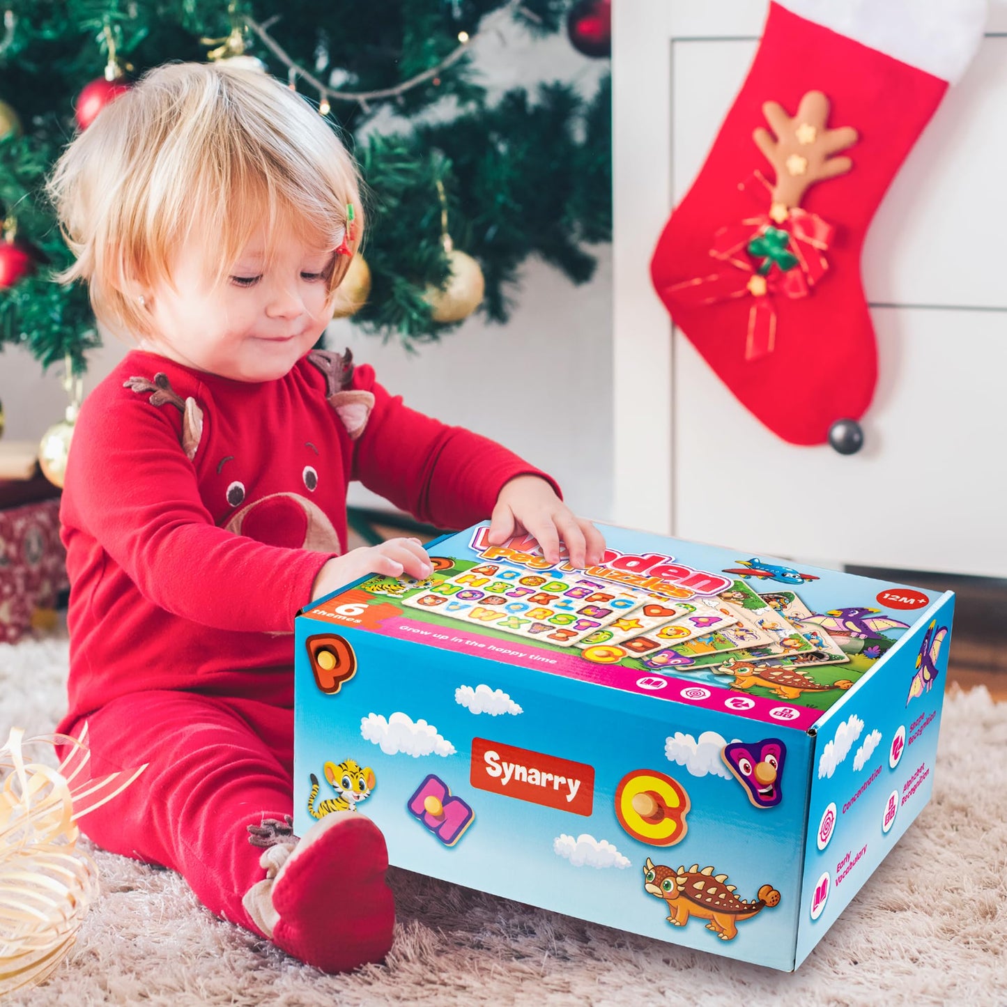 SYNARRY Wooden Puzzles for Toddlers 1-3, 6XSET Puzzles for Toddlers 2-4 with Rack, Learning Alphabet Number Animal Dinosaur Vehicle Gifts for Kids, Education Toys for 2 3 Years Boys Girls