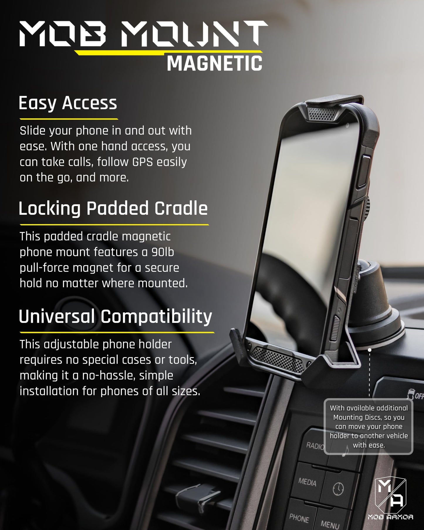Mob Armor Heavy Duty Magnetic Phone Mount for Car - Universal Car Phone Holder for iPhone & Android, Strong Magnet for Off-Road & Commercial Vehicles, Cell Phone Car Accessories for Women & Men