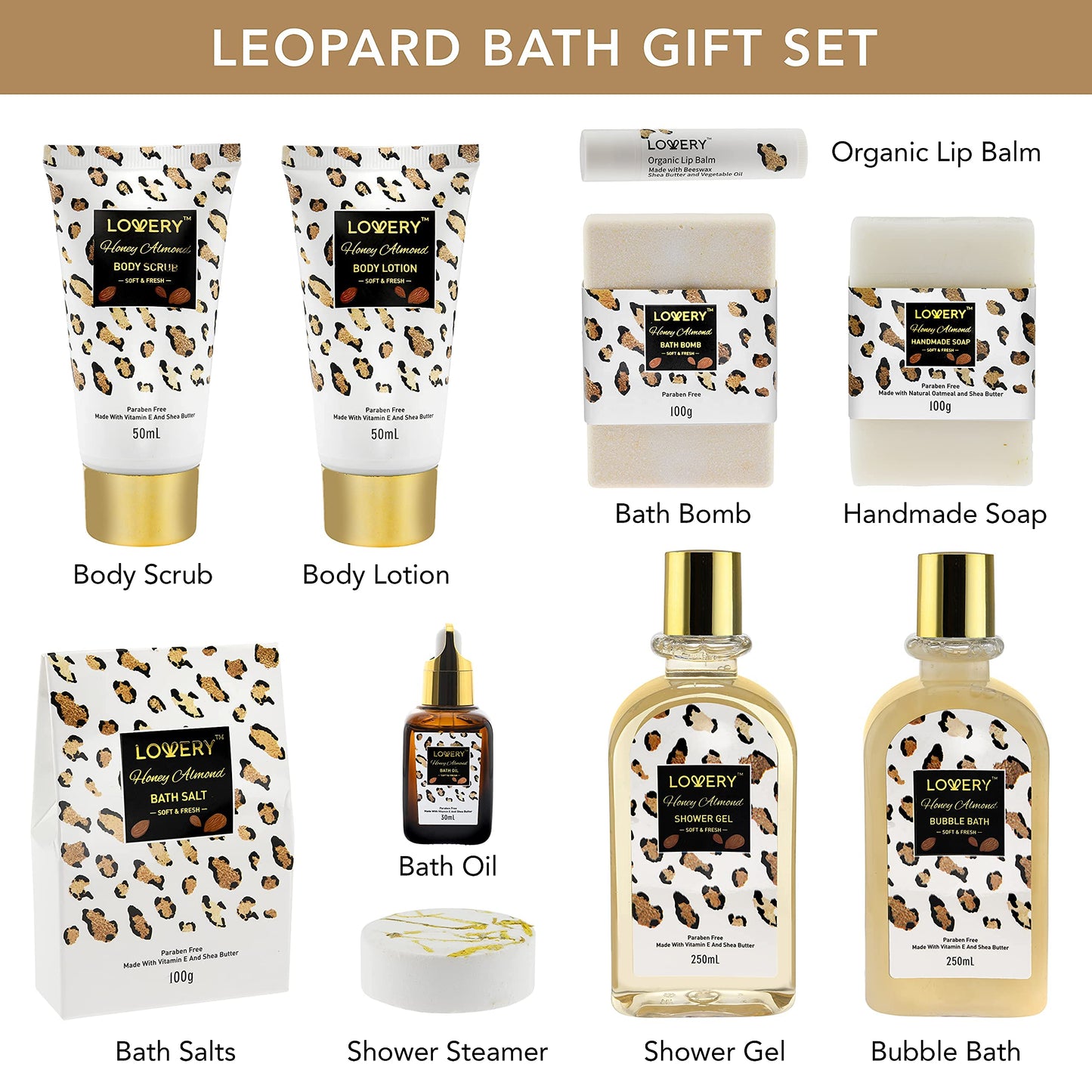 Valentines At-Home Spa Kit with Honey Almond Scent, Bath Gift Basket - Vit E-Rich Bath Essentials, Tumbler, Ear Candles, Bath Oil, Salts, Shower Steamer, Organic Lip Balm & More in Leopard Basket, 21