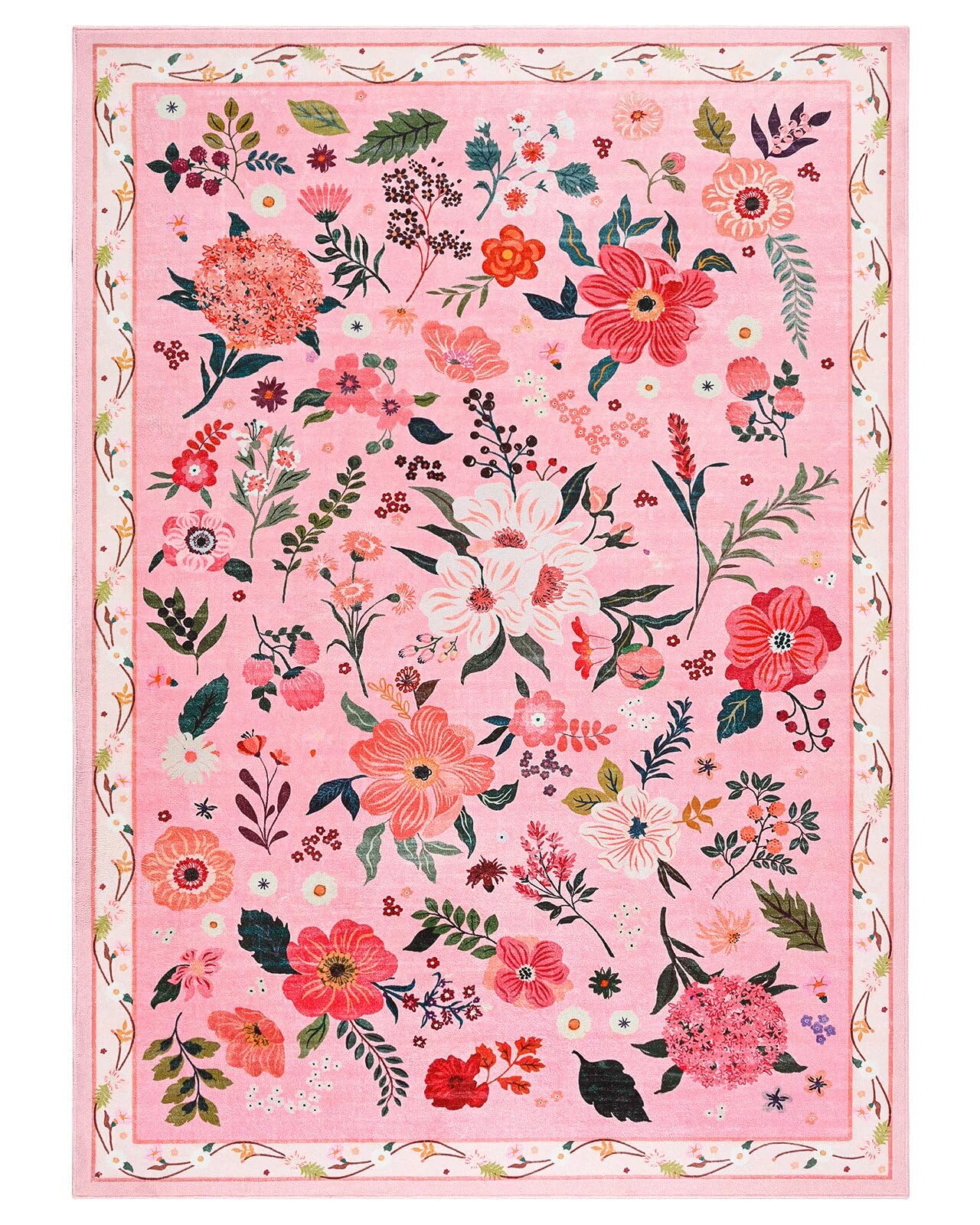 Macgace 5x7 Pink Floral Rug for Living Room, Machine Washable Area Rugs with Non Slip Backingfor Girls Bedroom, Cute Flowers Carpet Kitchen Dining Room Kids Playroom Decor